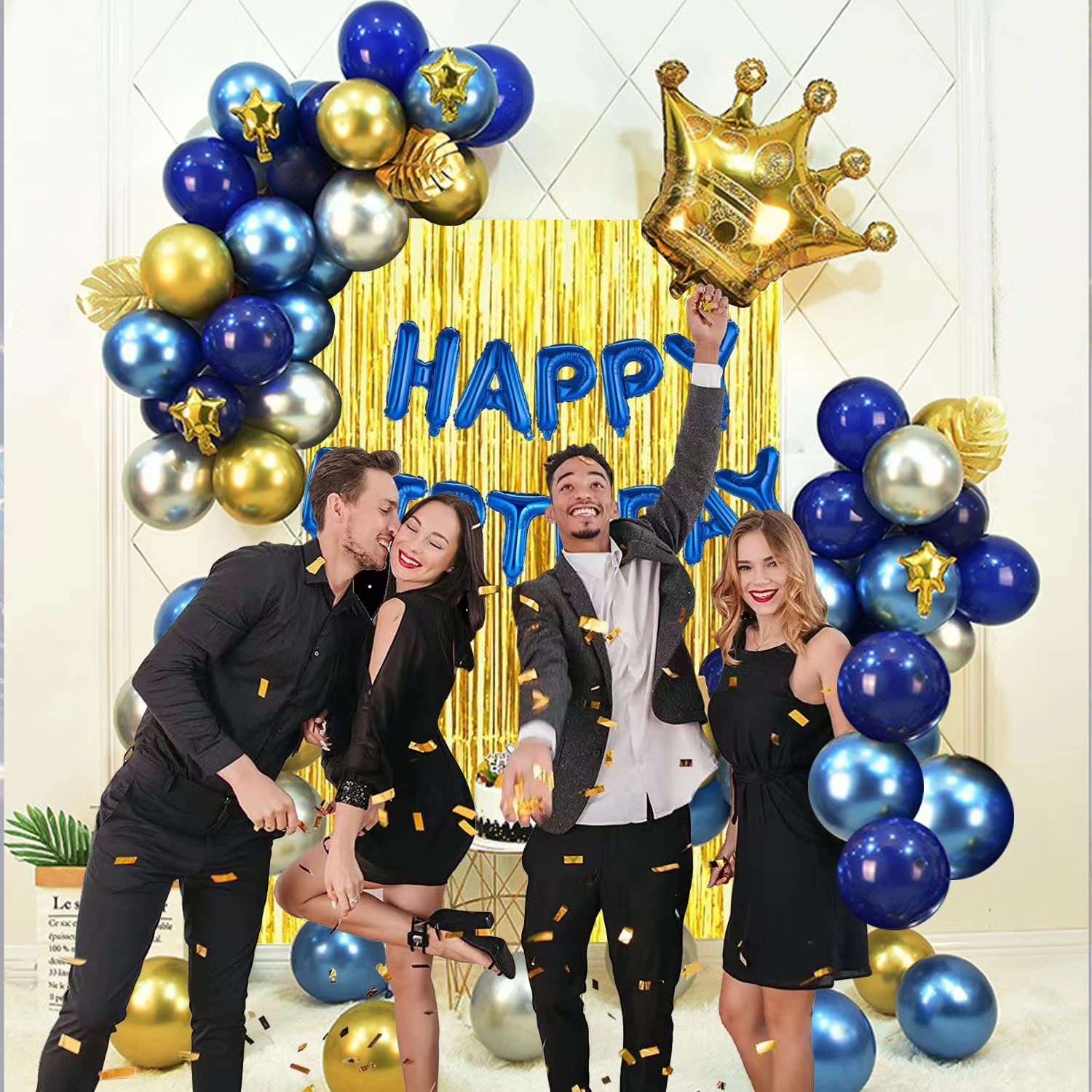 Gold & Silver Blue Birthday Party Decorations Set - Happy Birthday Banner, Balloons, Metallic Fringe Curtain, Golden Crown | Perfect for Kids, Adults, Men & Women | Birthday Parties, Baby Showers, Anniversaries