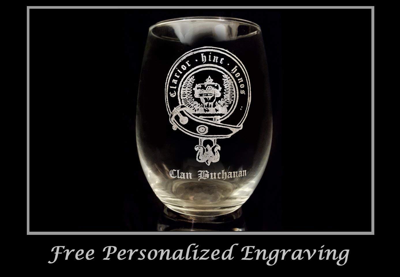 Premium Buchanan Scottish Clan Crest Stemless Wine Glasses - Set of 4 (18 oz) with Free Personalized Engraving | Celtic Home Decor, Scottish Wedding & Clan Gathering Drinkware for Whisky, Wine & Cocktails