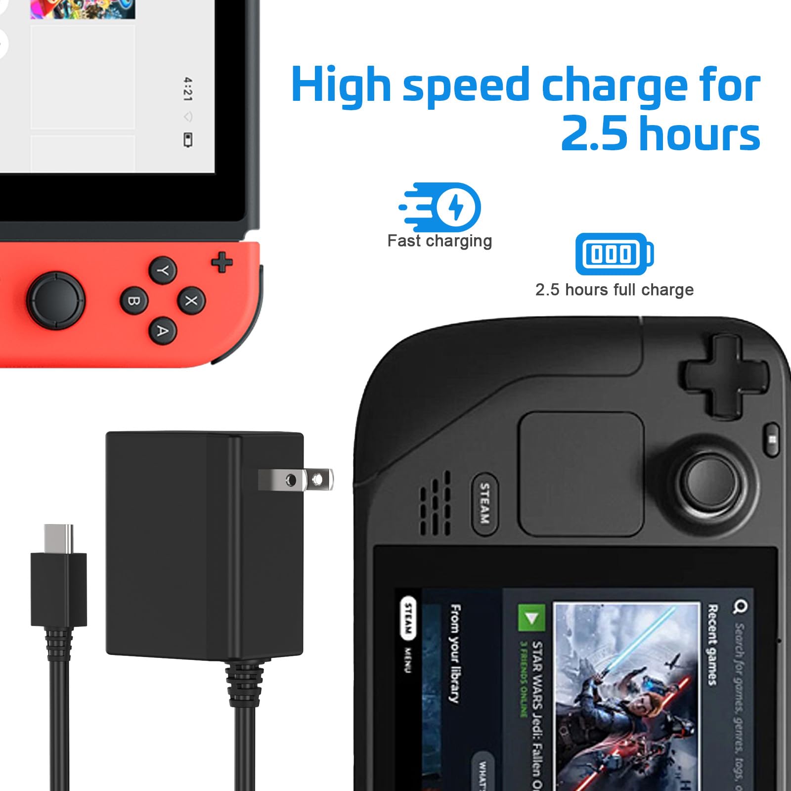 Nintendo Switch & Switch OLED Fast Charger - 39W USB-C Power Adapter with 5FT Cable for TV Dock Mode & Portable Gaming | Perfect for Home, Travel & On-the-Go Charging