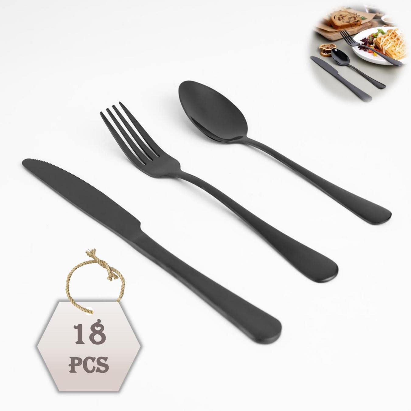 Premium 18-Piece Black Flatware Set - Food Grade Stainless Steel Cutlery for Home, Kitchen, Restaurant & Hotel Use - Mirror Polished, Rust-Resistant, Durable Utensils (Dishwasher Safe) - Perfect for Everyday Dining, Dinner Parties & Catering Events
