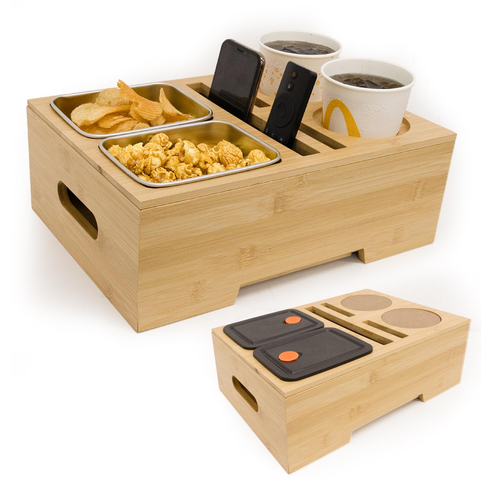 Bamboo Couch Cup Holder Tray with Removable Lid & Non-Slip Pad - Sofa Armrest Snack Table for Drinks, Food, Remote Control - Perfect for Movie Nights, Gaming & Relaxing on the Couch