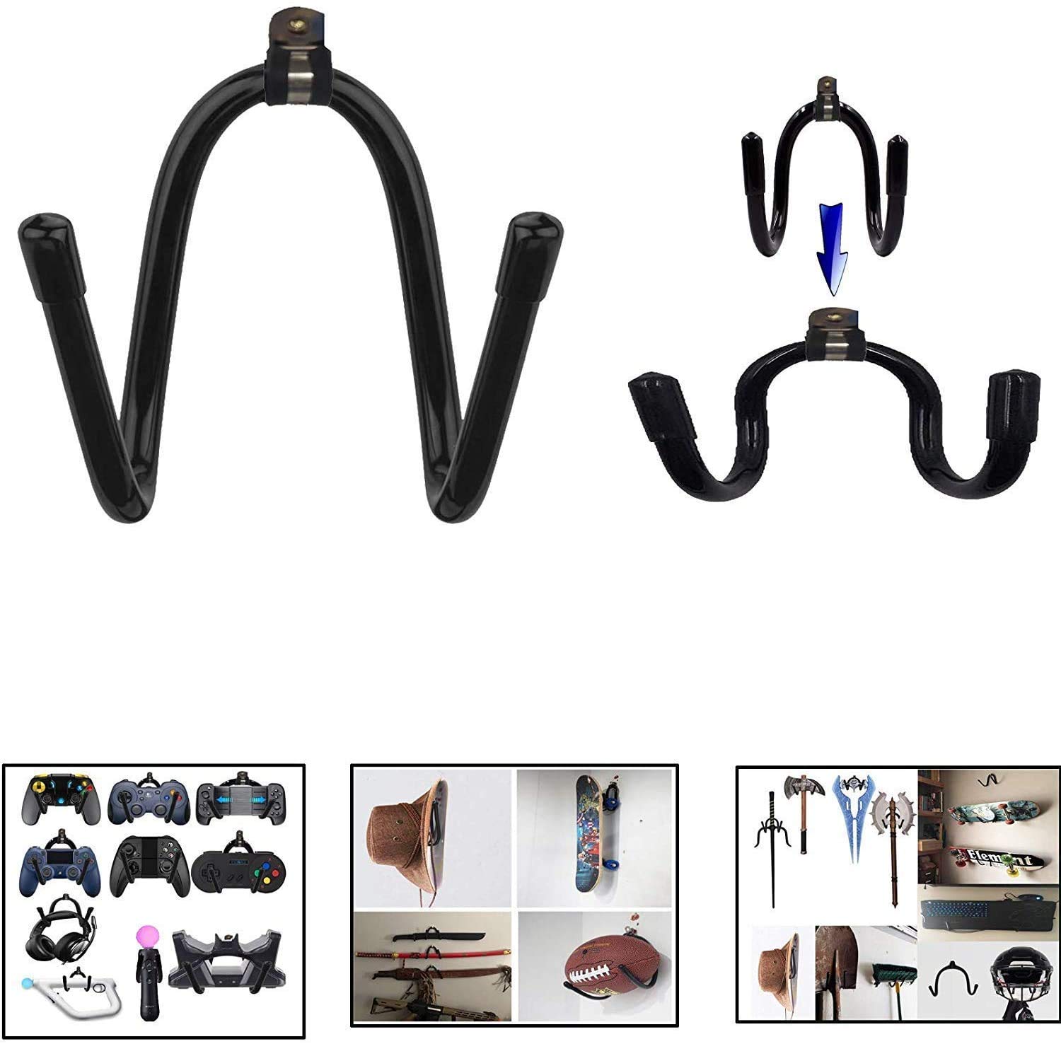 Flexible Adjustable Wall Rack - Multi-Purpose Wall Mount Display Stand & Organizer Hooks for Skateboard, VR Headset, Sword, Hat, Helmet, Coat - Universal Storage Solution (2 Pack) - Perfect for Home, Garage & Office Organization