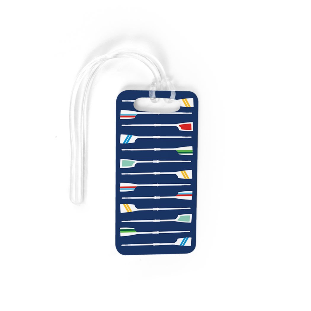 ChalkTalkSPORTS - Navy Blue Crew Luggage Tag with Oar Pattern - Personalized Custom Info on Back - Perfect for Travel, Sports Teams & Gifts