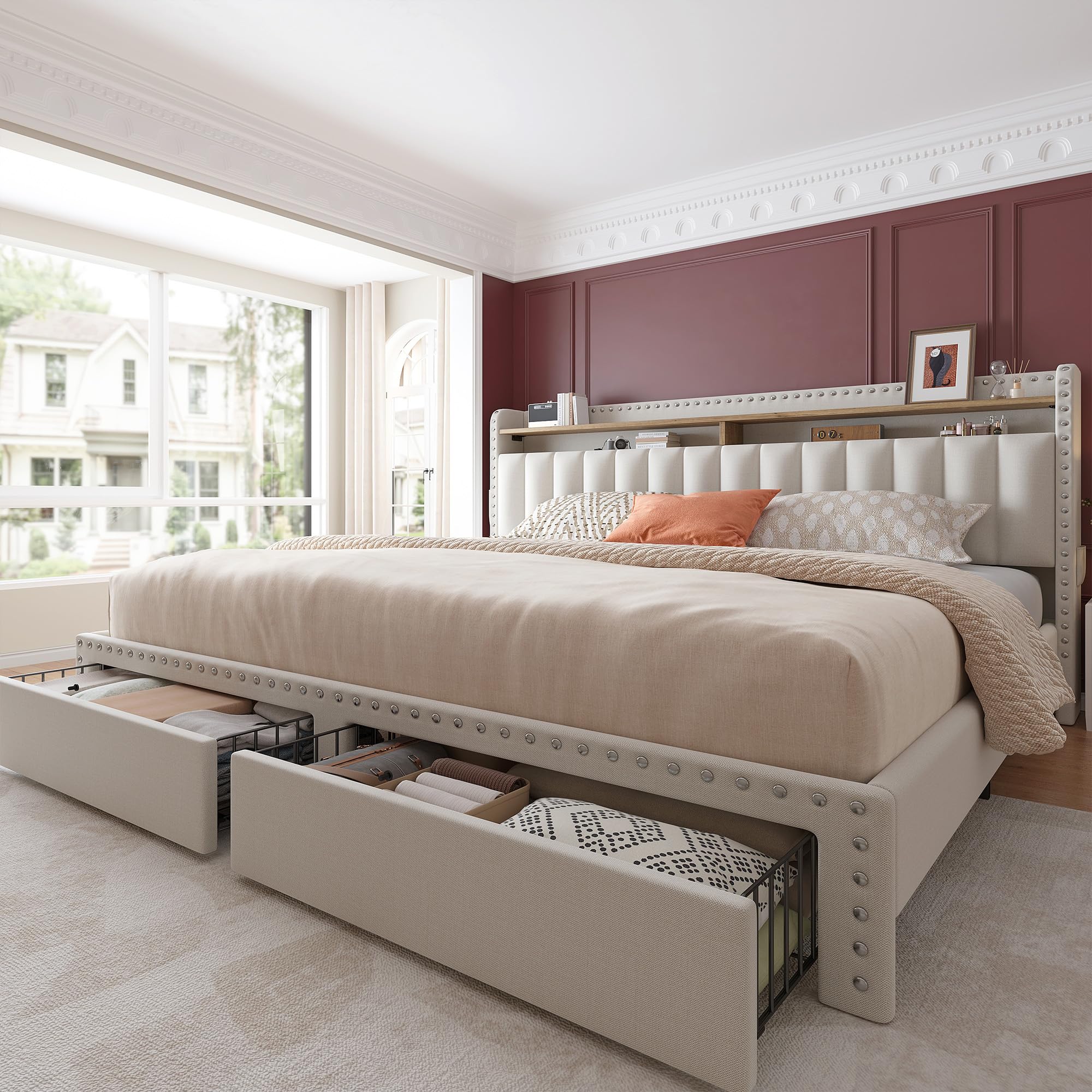 EnHomee King Size Bed Frame with 2-Tier Storage Headboard & 2 Drawers - Upholstered Platform Bed with Wooden Slats, No Box Spring Needed, Noise-Free - Perfect for Small Spaces & Modern Bedrooms (Beige)