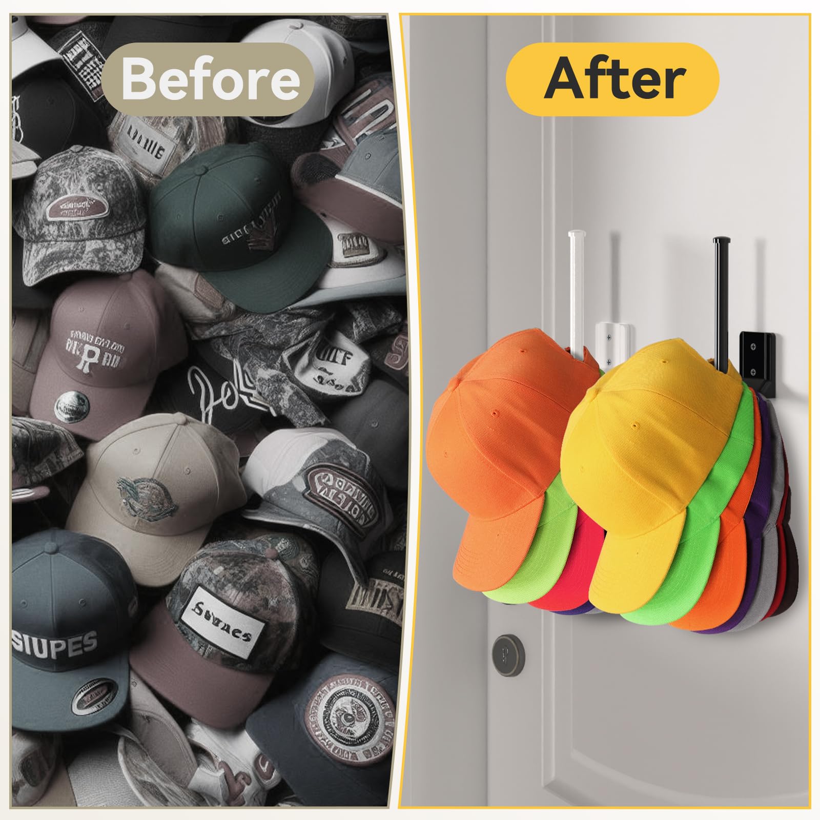 4 Pack Baseball Cap Organizer - Wall Mount Hat Rack Storage for Closet | Space-Saving Hat Holder with Adhesive & Drill Options (Black) | Perfect for Bedroom, Garage & Entryway Organization