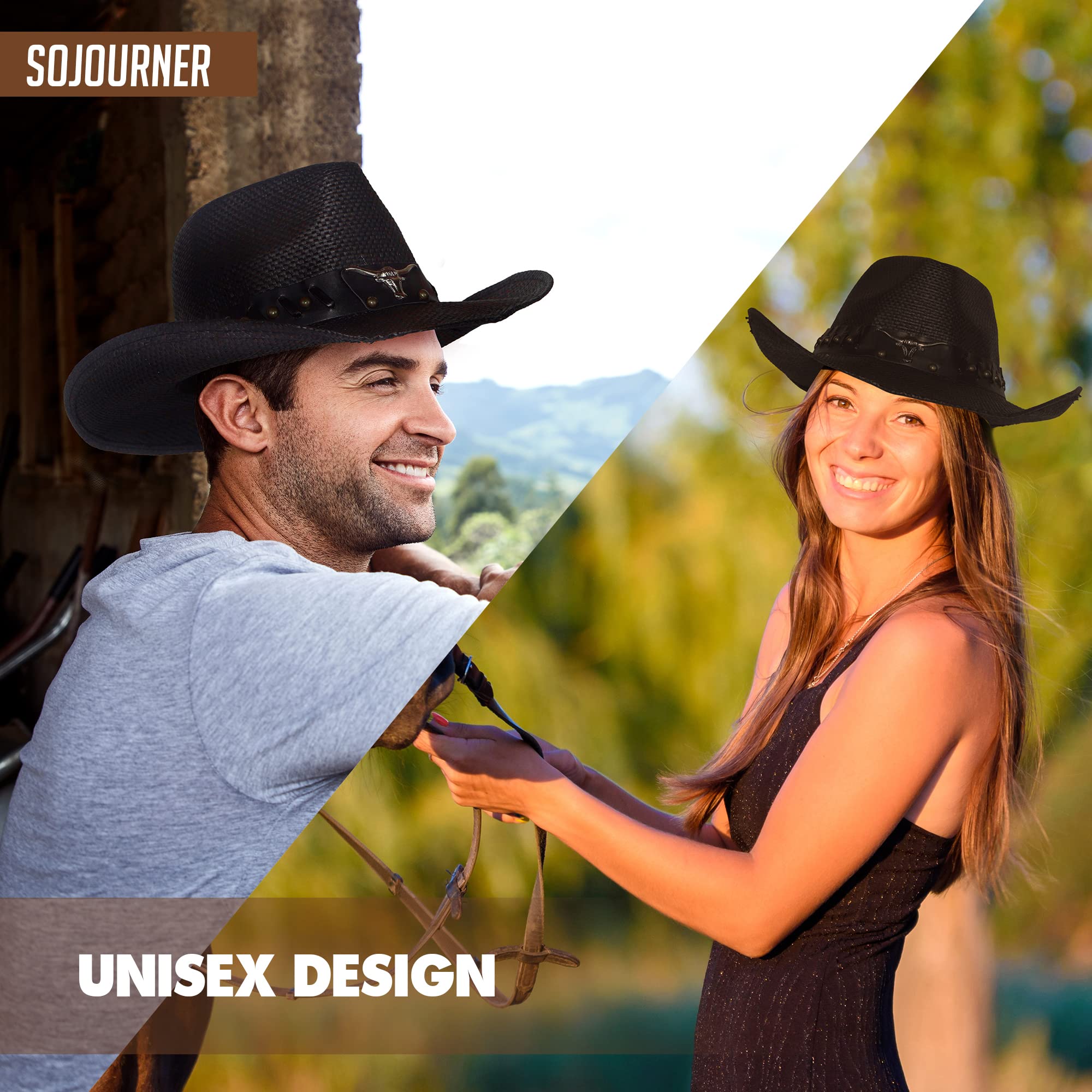 SoJourner Adjustable Cowboy Hat for Men & Women - Wide Brim Western Cowgirl Hat with Chin Strap | Perfect for Rodeo, Country Music Festivals & Outdoor Sun Protection
