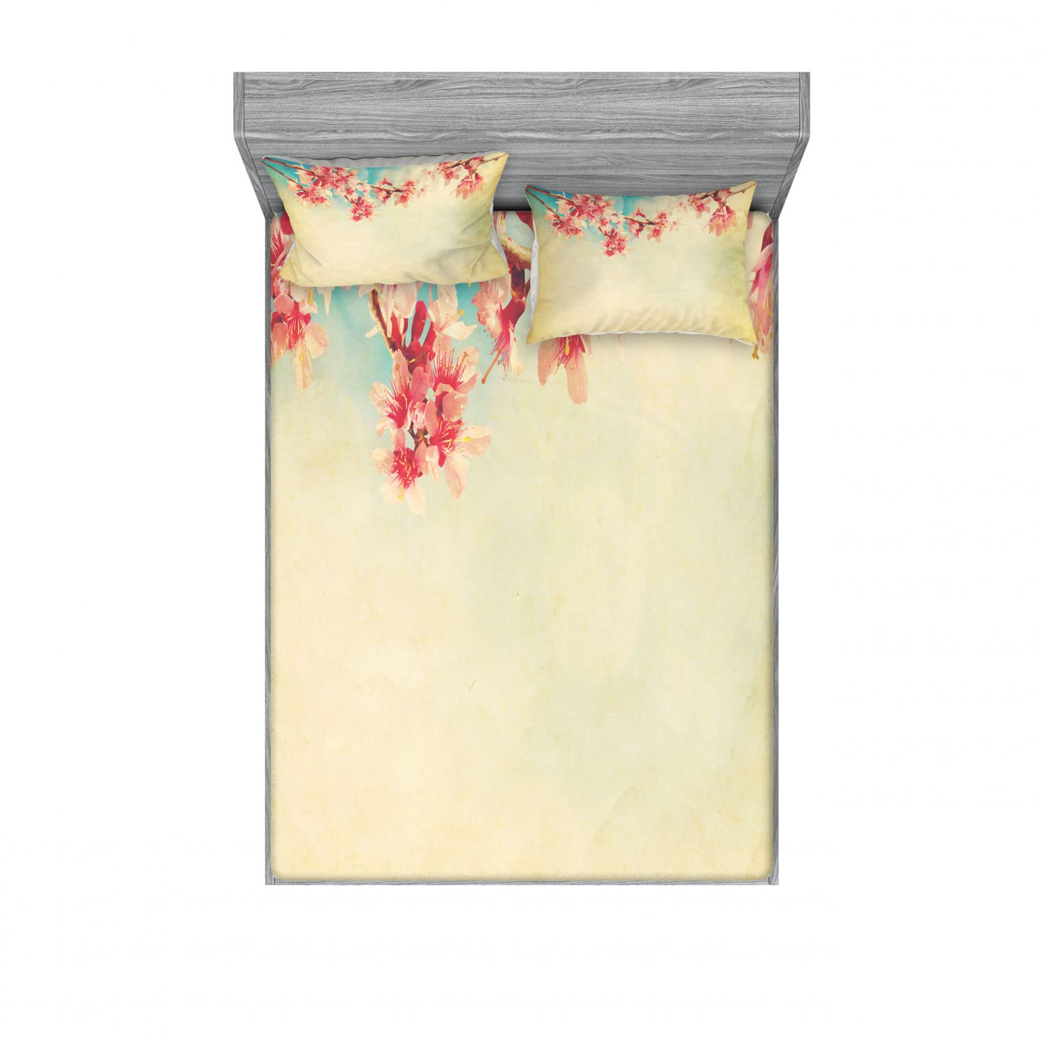Ambesonne Floral 2-Piece Full Size Fitted Sheet Set with 4 Pillow Shams - Vintage Sakura Spring Design in Beige Pink & Teal for Bedroom Decor | Soft Cotton Blend Bedding for Guest Rooms & Master Suites