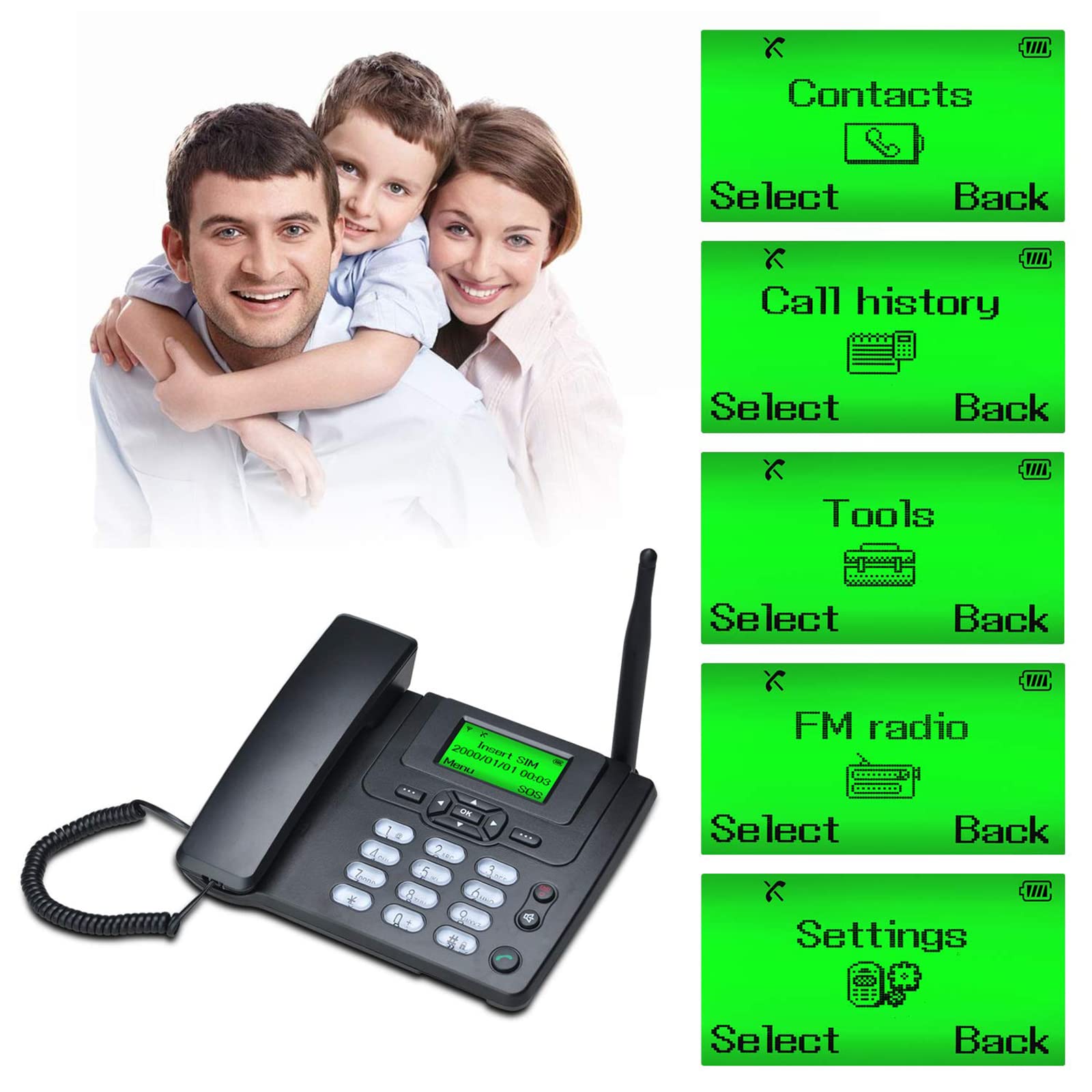 Lychee Fixed Wireless Phone - Dual SIM Quad Band GSM Telephone with Large Backlit Display | Supports Multiple Languages | Perfect for Office, Hotel & Home Use (Black)