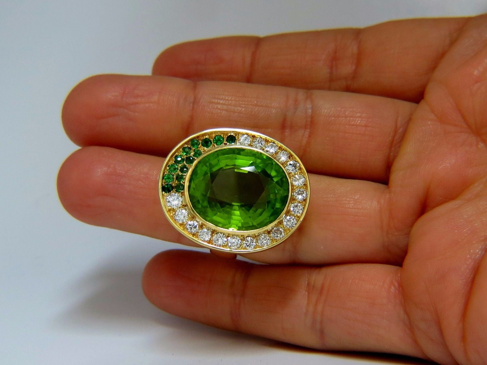 22.50ct Natural Green Peridot & Diamond Demantoid Ring in 14K Gold - Elegant Birthstone Jewelry for August, Perfect for Engagement, Anniversary & Special Occasions