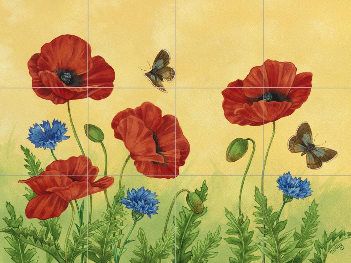 Ceramic Backsplash Tile Mural - Butterfly, Poppies & Cornflowers Design by Jane Maday for Kitchen & Bathroom - Perfect for Farmhouse, Cottage & Vintage Style Decor