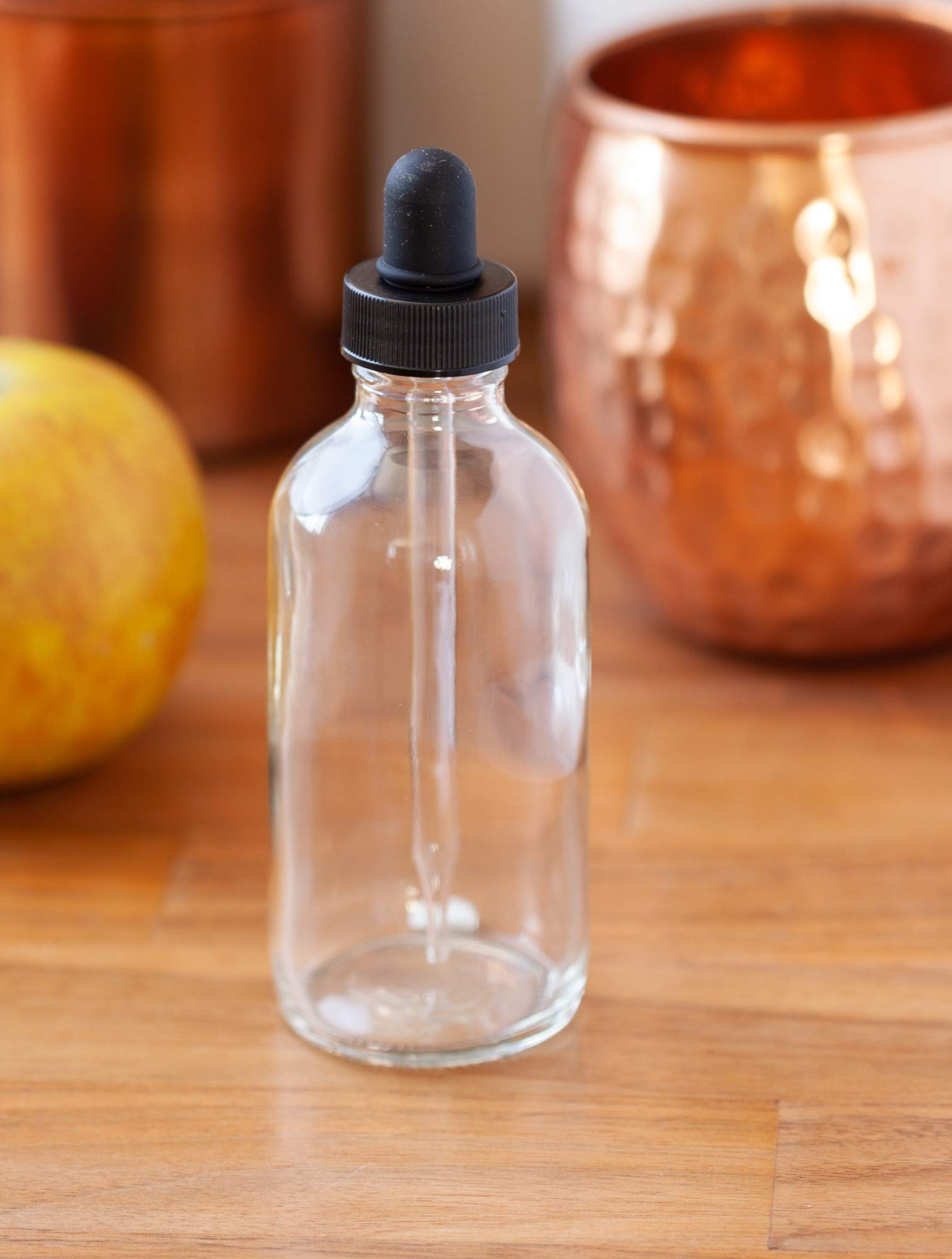JUVITUS 4 oz Clear Flint Glass Boston Round Bottles with Black Dropper Caps (6 Pack) - Essential Oil, CBD, Tincture Storage - Includes Bonus Funnel for Easy Filling & DIY Projects