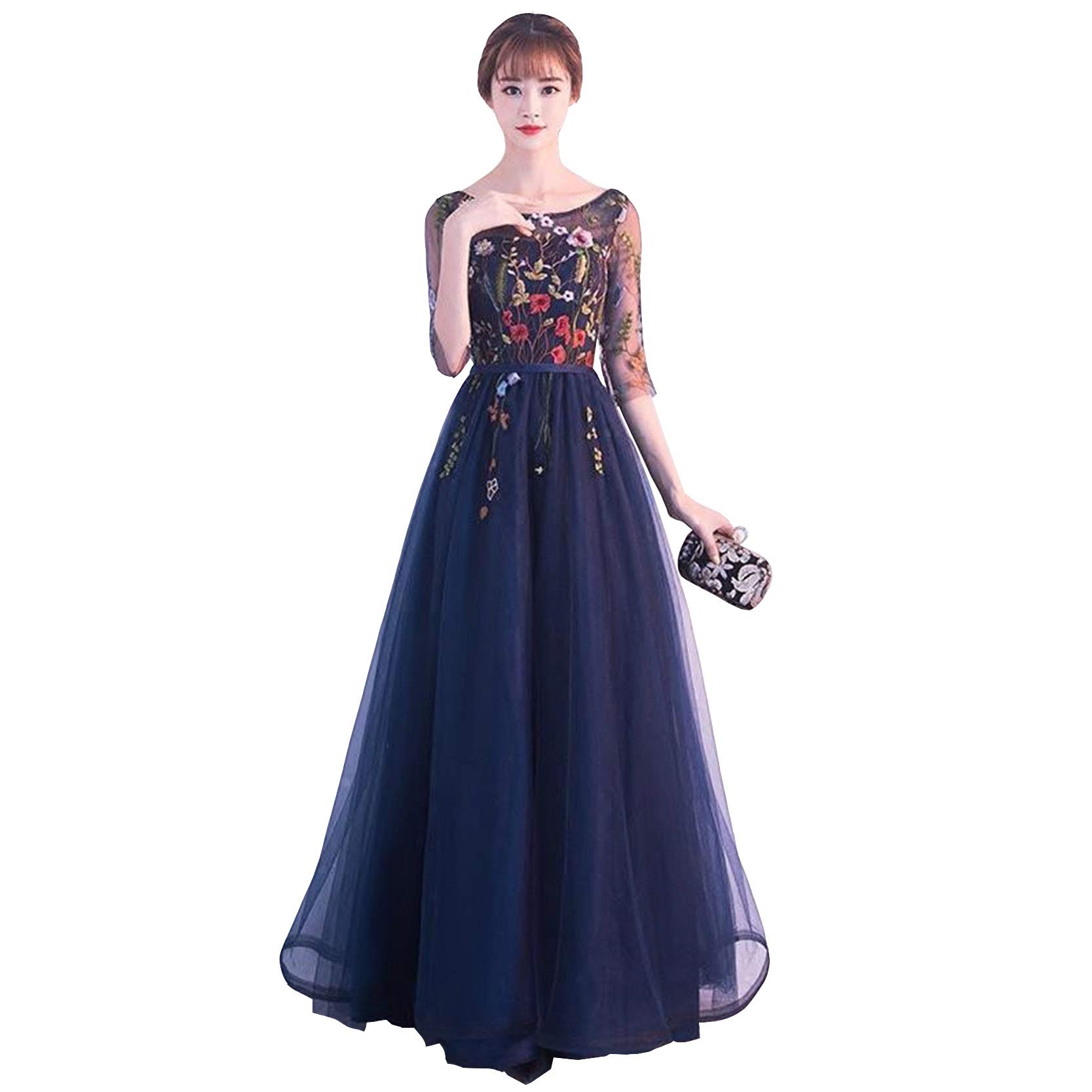 HoneyDress Women's Embroidered Long Sleeve Maxi Dress - Navy Blue Floral Boho Dress for Women, Size 3 & 4 | Perfect for Beach Vacation, Summer Weddings & Boho Chic Outfits