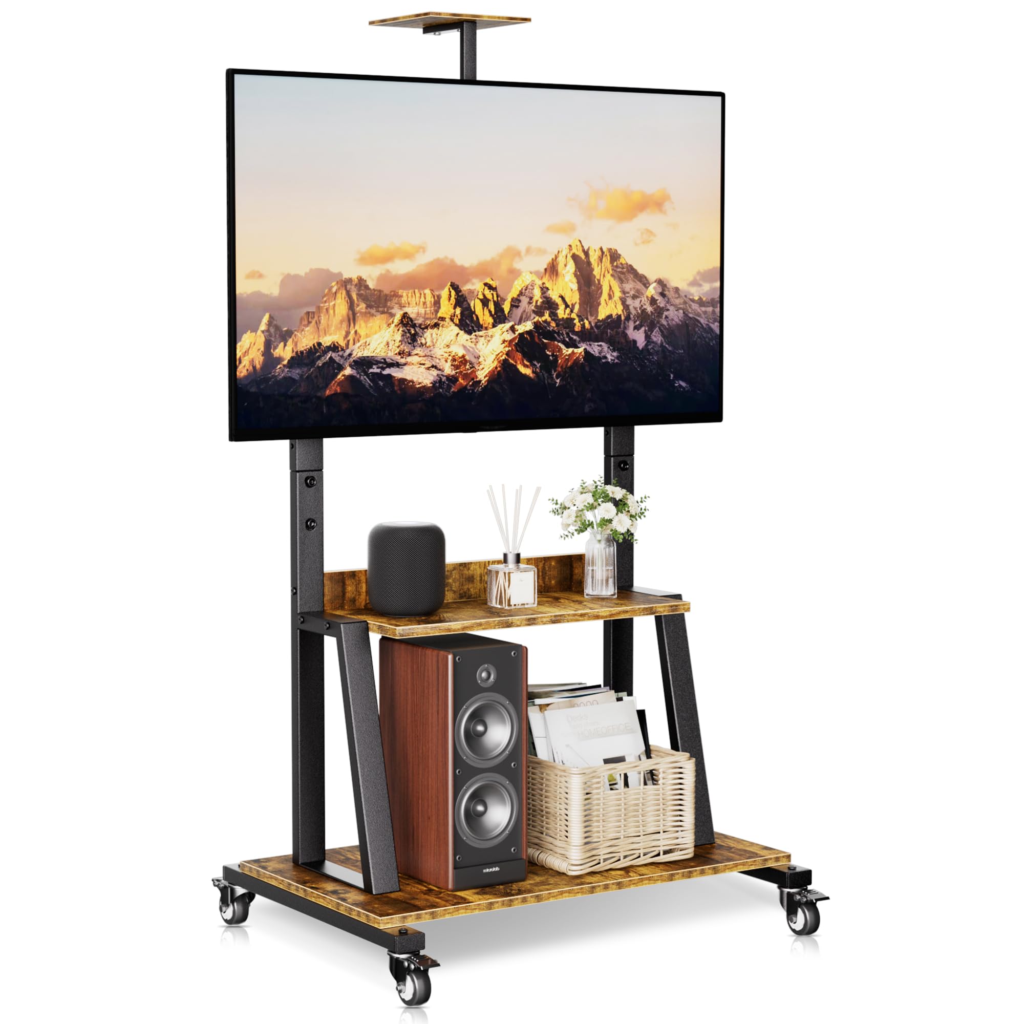 Rolling TV Cart with Lockable Wheels for 32-75 Inch TVs - Portable TV Stand with 2-Tier Storage Shelves - Heavy Duty Entertainment Center on Wheels Holds 150 lbs - Retro Style for Living Room & Bedroom - Perfect for Small Spaces & Home Theater Setup