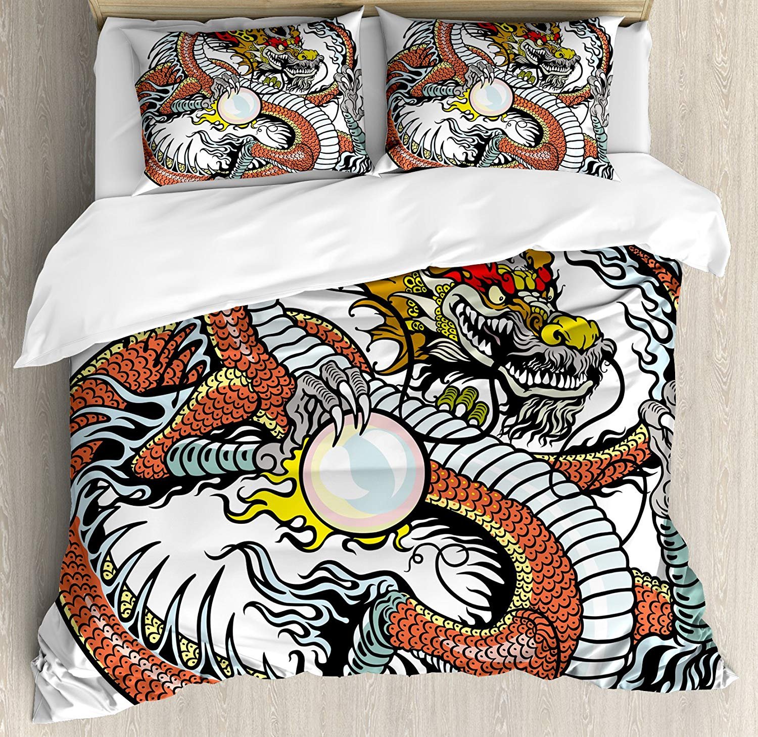 3 Piece Dragon Duvet Cover Set Full Size - Chinese Zodiac Tattoo Design with Pearl Art, Zipper Closure & 2 Pillow Shams | Traditional Asian Bedding for Home Decor, Feng Shui Bedroom, Cultural Gift Idea