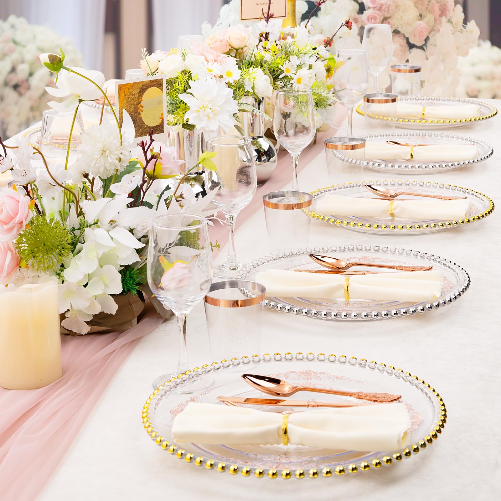 175PCS Clear Rose Gold Plastic Plates Set - 25 Dinner Plates, 25 Salad Plates, 25 Forks, 25 Knives, 25 Spoons, 25 Cups & 25 Napkins - Elegant Disposable Tableware for Weddings, Parties, Mother's Day & Special Events