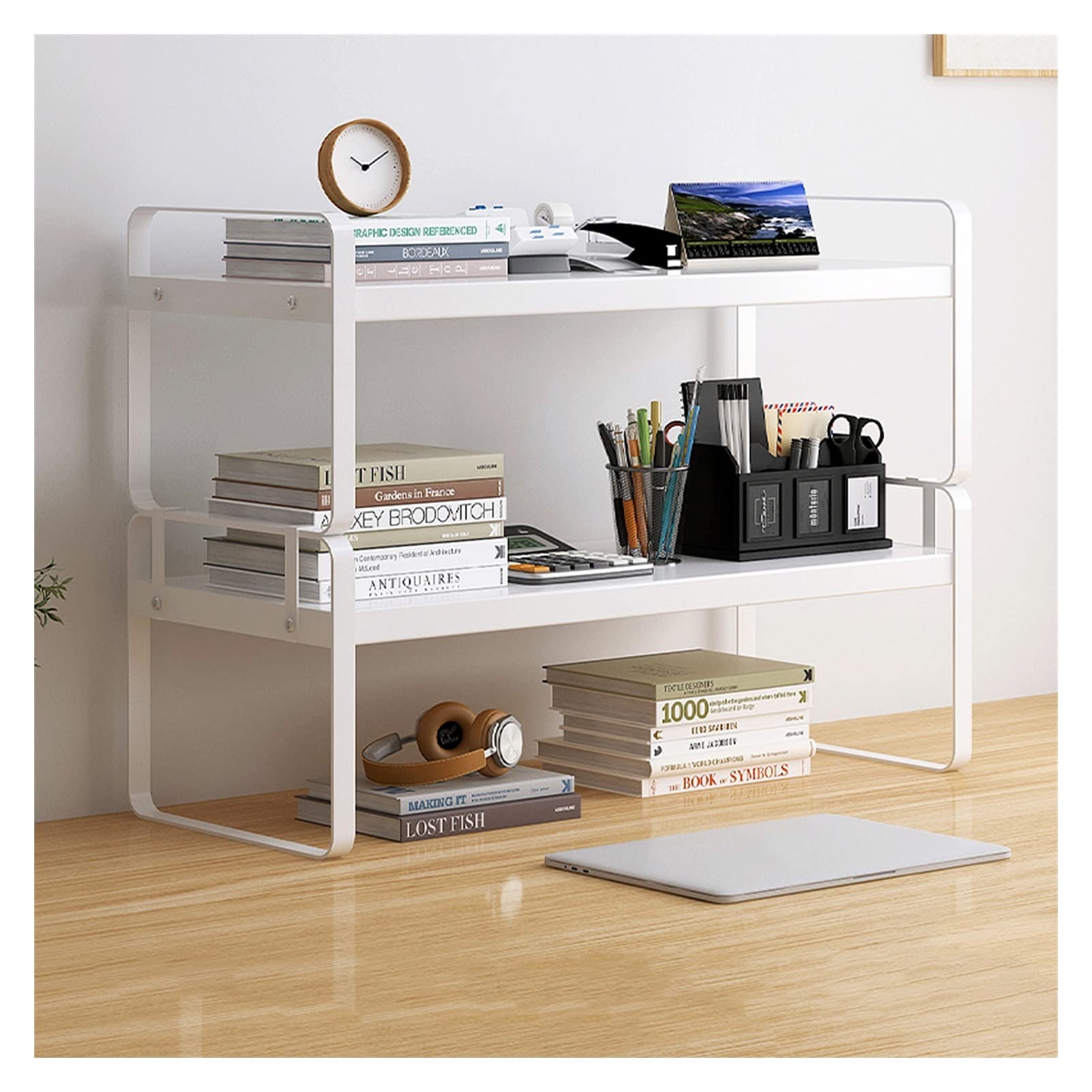 2-Tier Metal Bookshelf Organizer - Desktop Storage Stand for Office Supplies, Books & Decor | Freestanding Countertop Display Rack for Home Office, Study Desk or Retail Store
