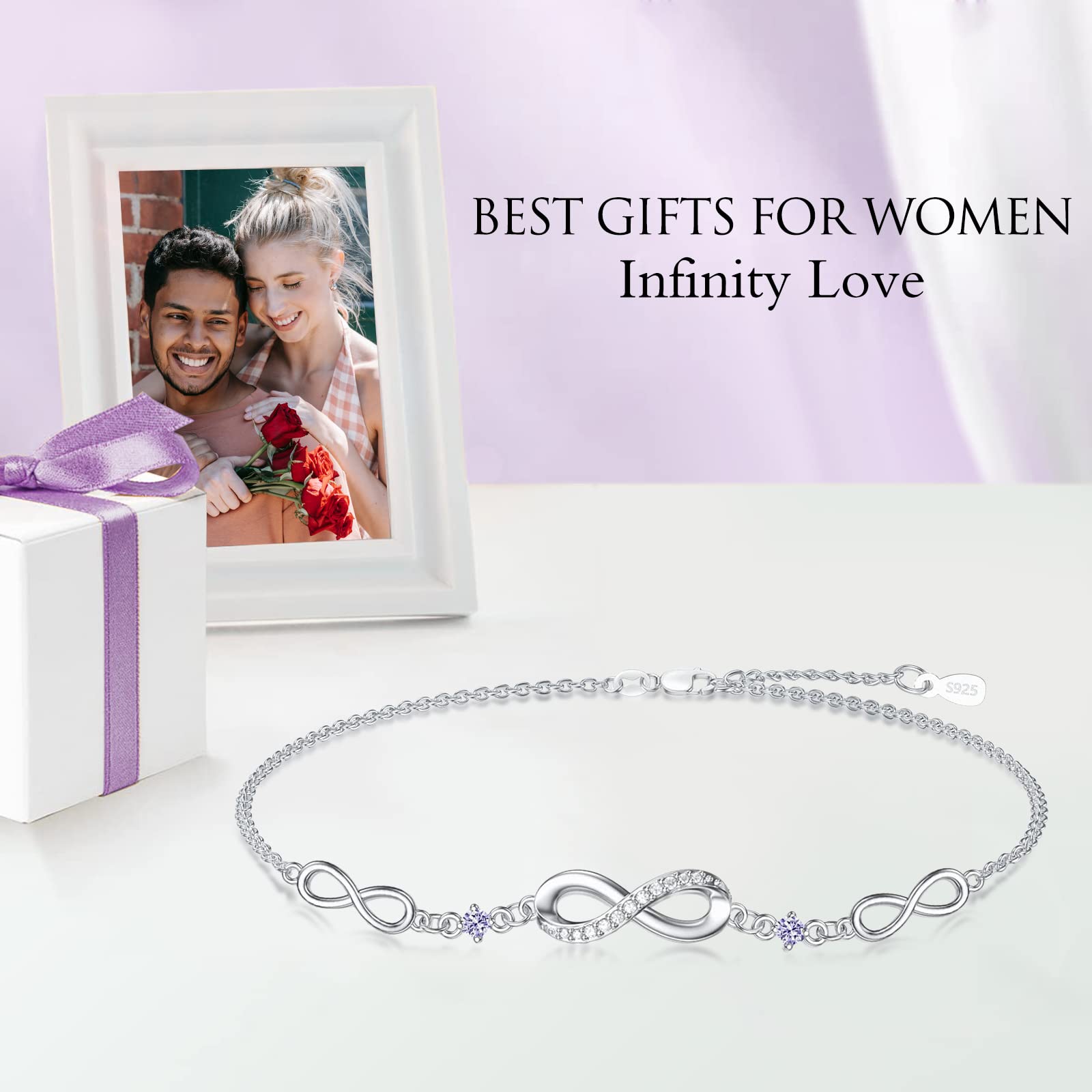 Infinity Bracelet for Women - 925 Sterling Silver Adjustable Birthstone Charm Link Bracelet - Christmas, Birthday, Anniversary Gift for Wife, Mom, Her - Perfect for Everyday Wear & Special Occasions