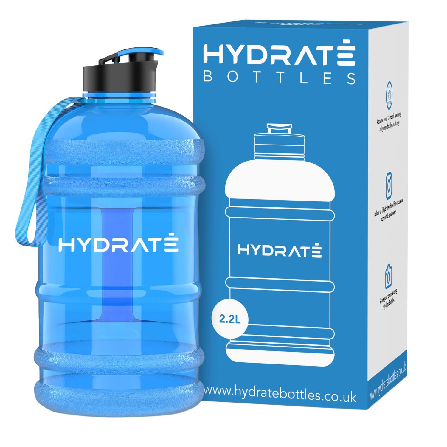 HYDRATE 2.2L Half Gallon Water Bottle for Men - BPA Free Large Sports Jug with Leak Proof Flip Cap & Silicone Seal - Reusable Gym & Workout Water Bottle - Perfect for Hydration at Gym, Hiking, Running & Outdoor Activities - Blue