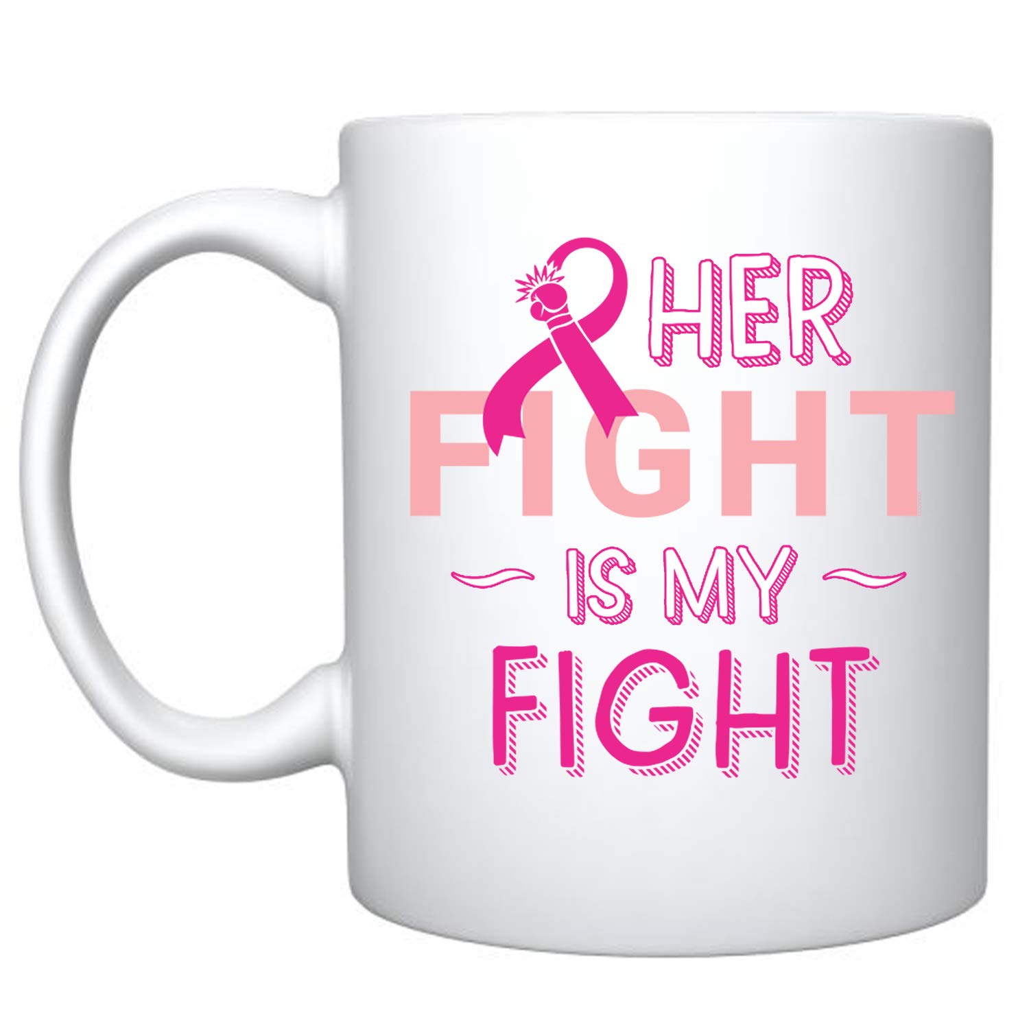 Veracco 'Her Fight Is My Fight' Pink Ribbon Ceramic Coffee Mug - Motivational & Inspirational Gift for Breast Cancer Survivors - 15oz White Ceramic Cup for Coffee, Tea & Hot Drinks - Perfect for Office, Home Use & Cancer Awareness Events