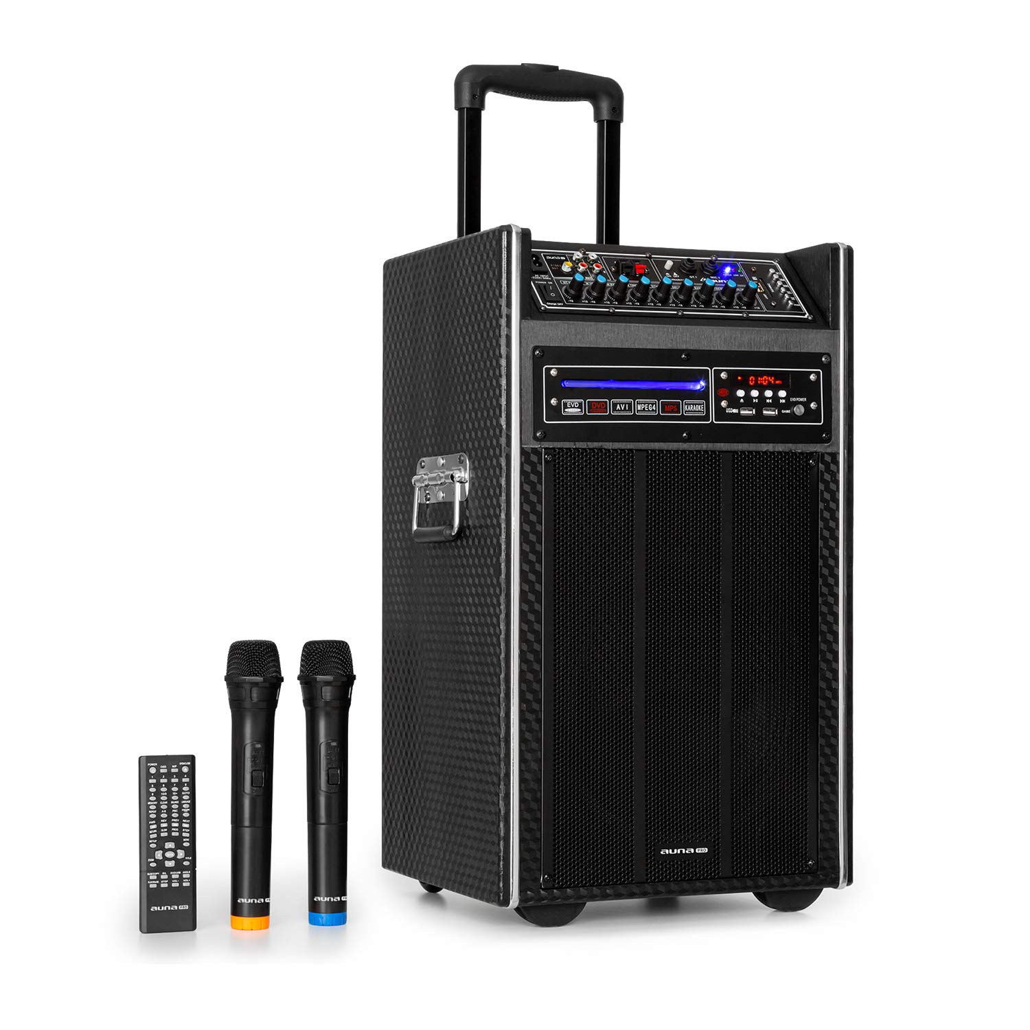 AUNA Pro DisGo DVD Box - Portable Sound System with Built-in DVD Player, 300W Max Power, 2 x 10 Inch Subwoofers, Bluetooth/USB/SD/Micro UHF Wireless, Rechargeable Battery & Remote - Perfect for Outdoor Parties, Home Theater & Events