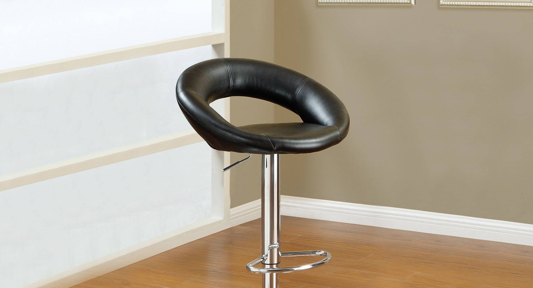Black Faux Leather Adjustable Height Swivel Stool Set of 2 - Chrome Base PVC Dining Chairs for Kitchen Island, Bar Counter & Home Office