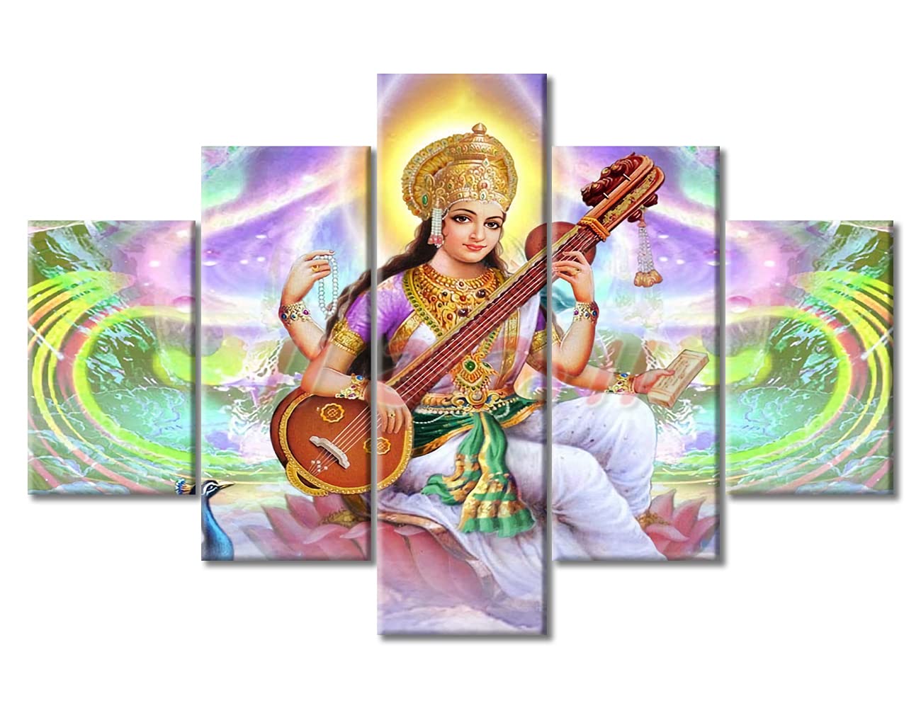 TUMOVO 5-Piece Hindu Goddess Saraswati Canvas Wall Art Set - Framed Modern Indian Home Decor for Living Room & Bedroom - Ready to Hang (60