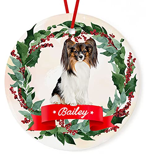 Personalized Papillon Christmas Ornament 2022 - White Ceramic Circle Holiday Decoration for Tree, Gift & Home Decor