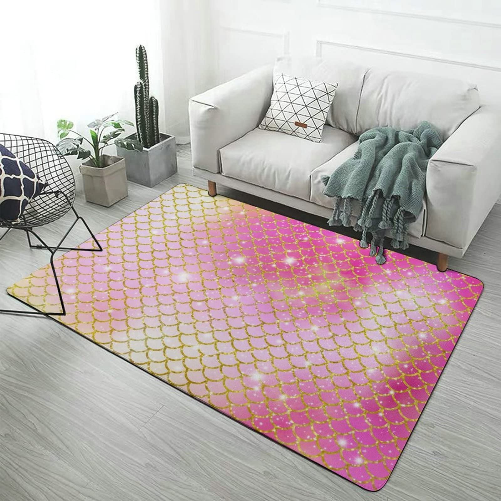 Mermaid Scales Yellow Pink Glitter Rug for Kids Girls Teens - Foldable Non-Slip Area Rug 5ft x 6.5ft - Soft Playroom Carpet for Bedroom, Nursery, Dorm, Living Room & Dining Room Decor - Perfect for Sleepovers, Playtime & Home Design