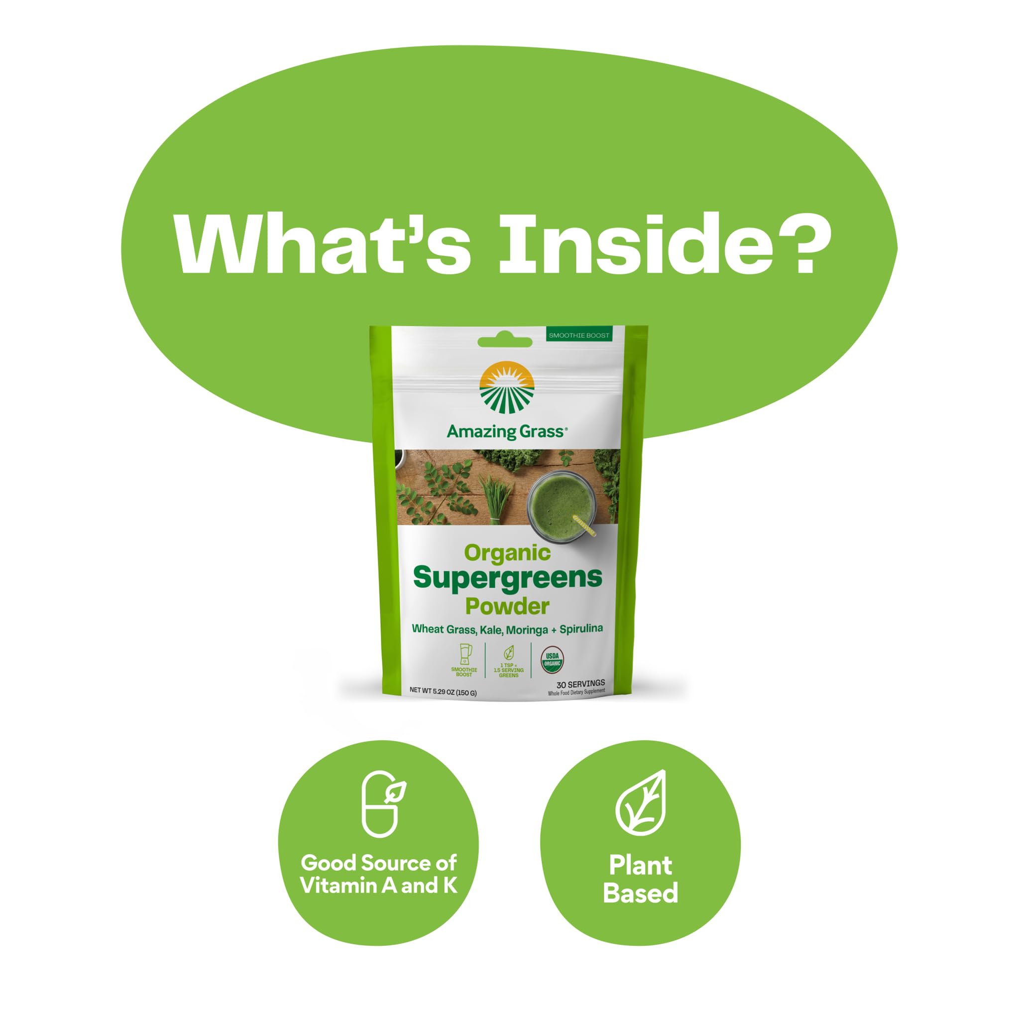 Amazing Grass Super Greens Booster Powder - Organic Spirulina, Moringa, Wheat Grass & Kale Smoothie Mix with Chlorophyll - 30 Servings for Energy Boost, Detox & Immune Support - Perfect for Smoothies, Juices & Healthy Morning Routines