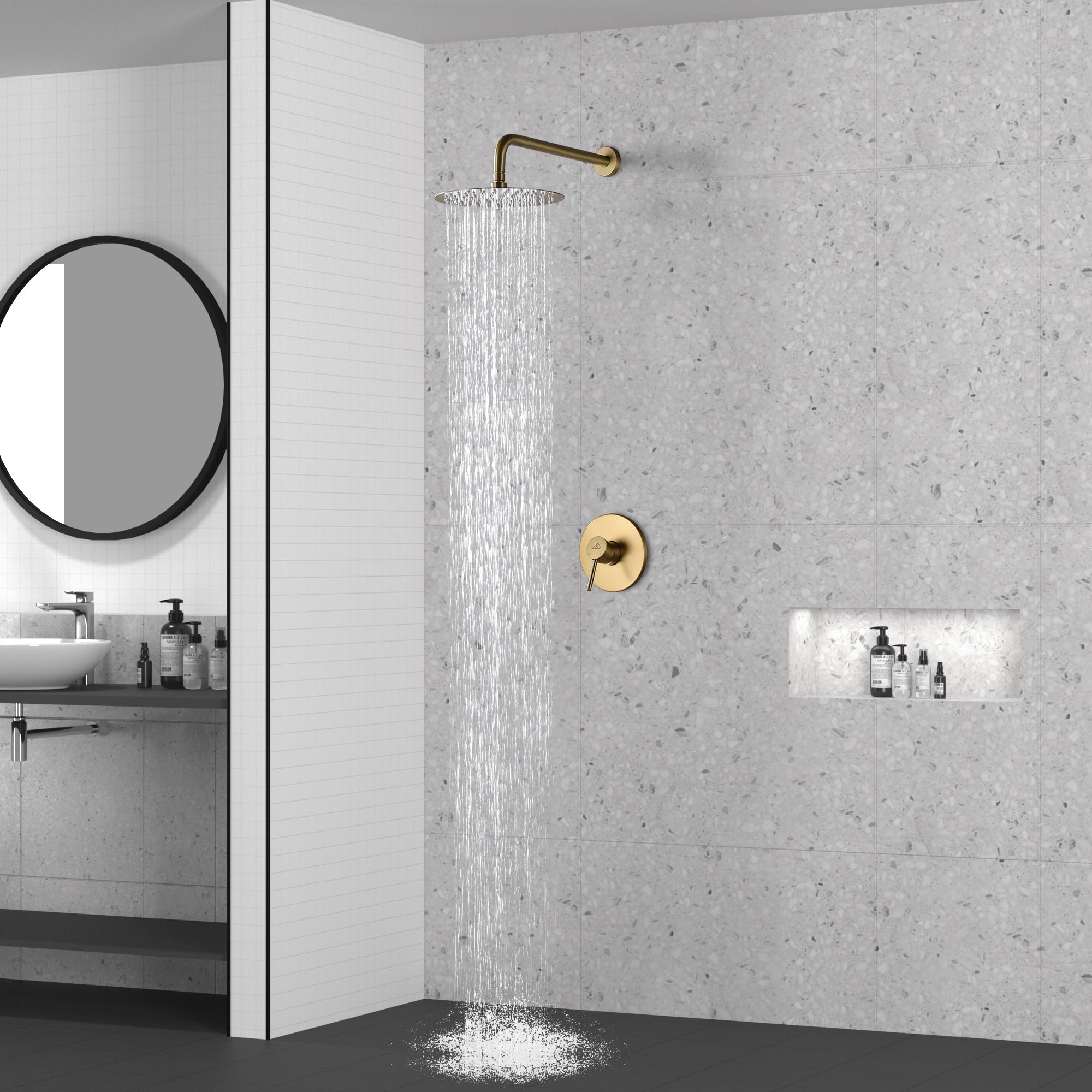 CASAINC 10 Inch Round Rainfall Shower Head - Single Function Wall Mounted Shower System with Brushed Gold Finish | Perfect for Modern Bathroom & Spa-Like Shower Experience