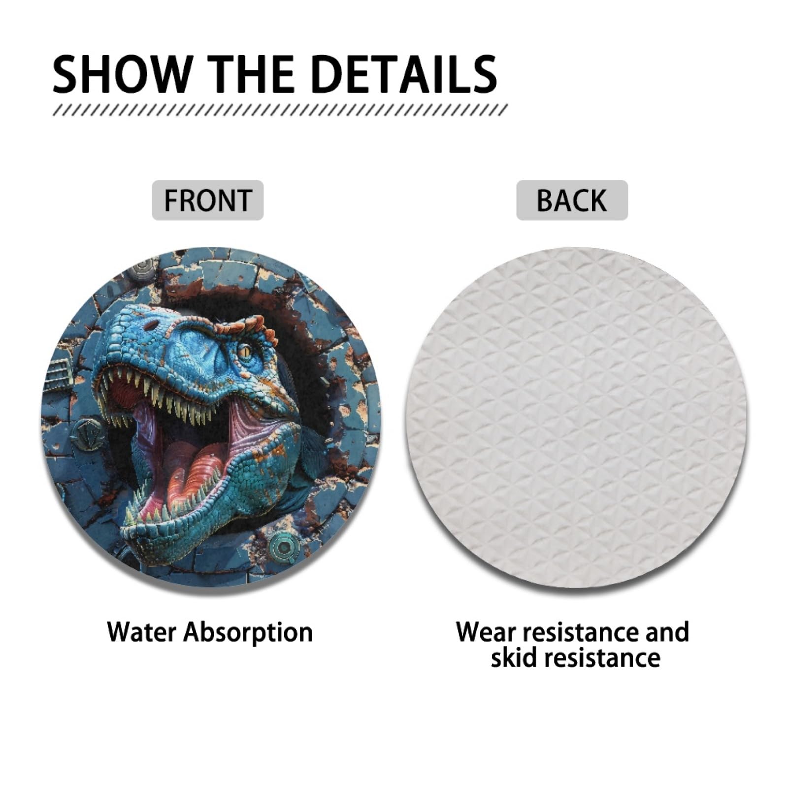 AFPANQZ 3D Dinosaur Car Coasters for Cup Holders - Absorbent Felt+Rubber Coasters Set of 2, 2.75