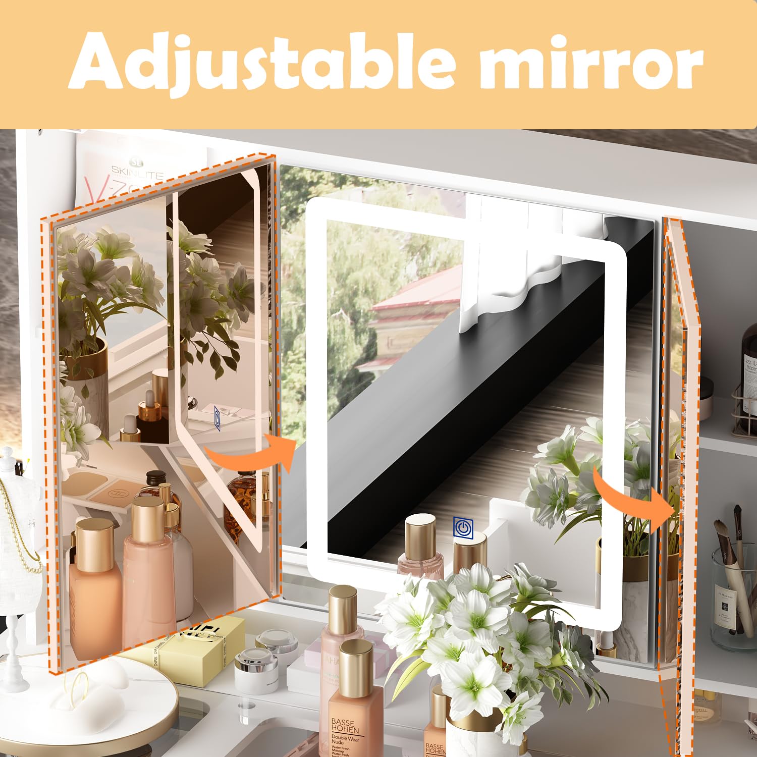 Homsee Modern Vanity Desk with 3 Mirrors & LED Lights - Adjustable Brightness, Glass Top, Hidden Storage & Drawers - White Makeup Dressing Table for Bedroom, Salon, or Beauty Studio