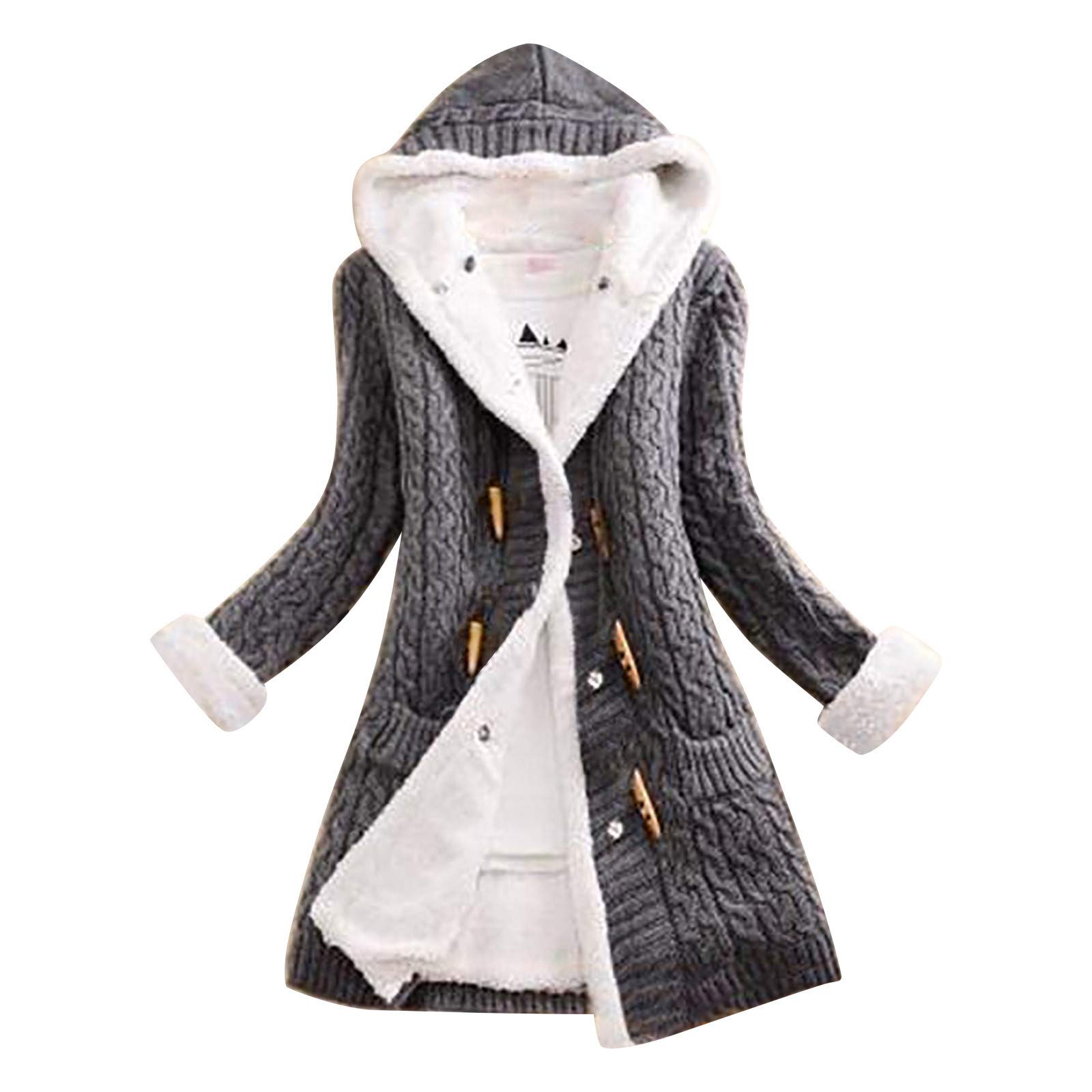 XCeihe Women's Casual Knit Button Long Sleeve Cashmere Hooded Cardigan - Warm Winter Sweater Coat for Office, Travel & Home Wear