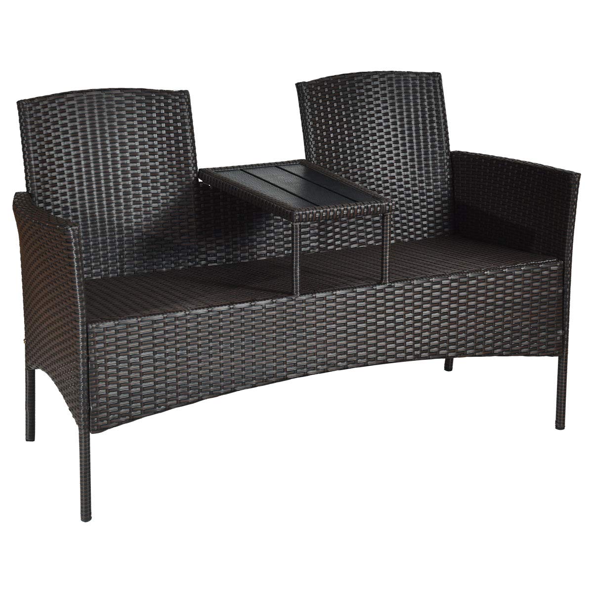 Tangkula Outdoor Rattan Loveseat Patio Set - Modern Wicker Sofa with Cushions & Built-in Coffee Table - Waterproof Garden Furniture for Backyard, Lawn, Poolside & Balcony - Perfect for Relaxing, Entertaining & Outdoor Conversations