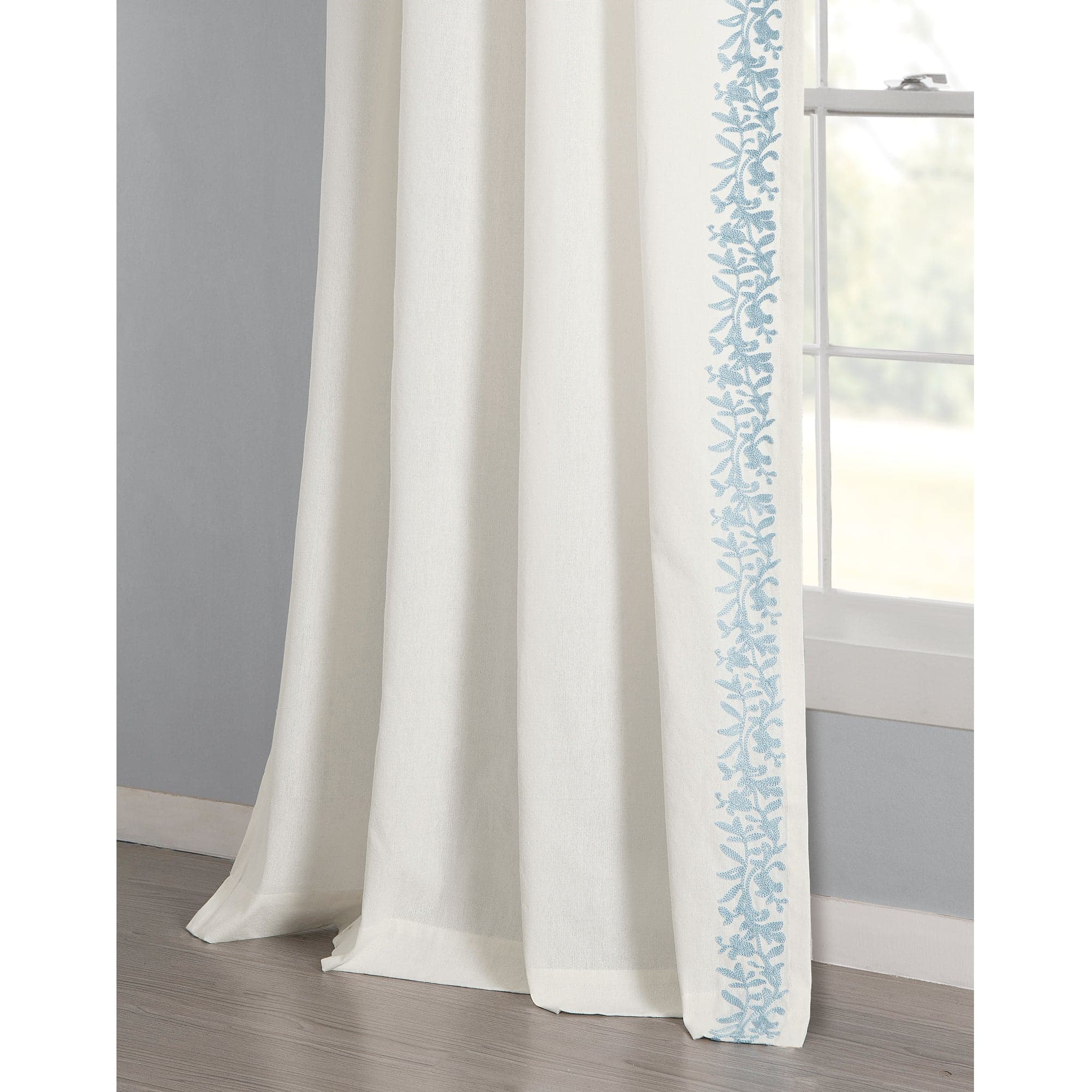 Luxury Modern Floral Linen-Like Embroidered Border Window Curtain Panel - Elegant Home Decor for Living Room & Bedroom