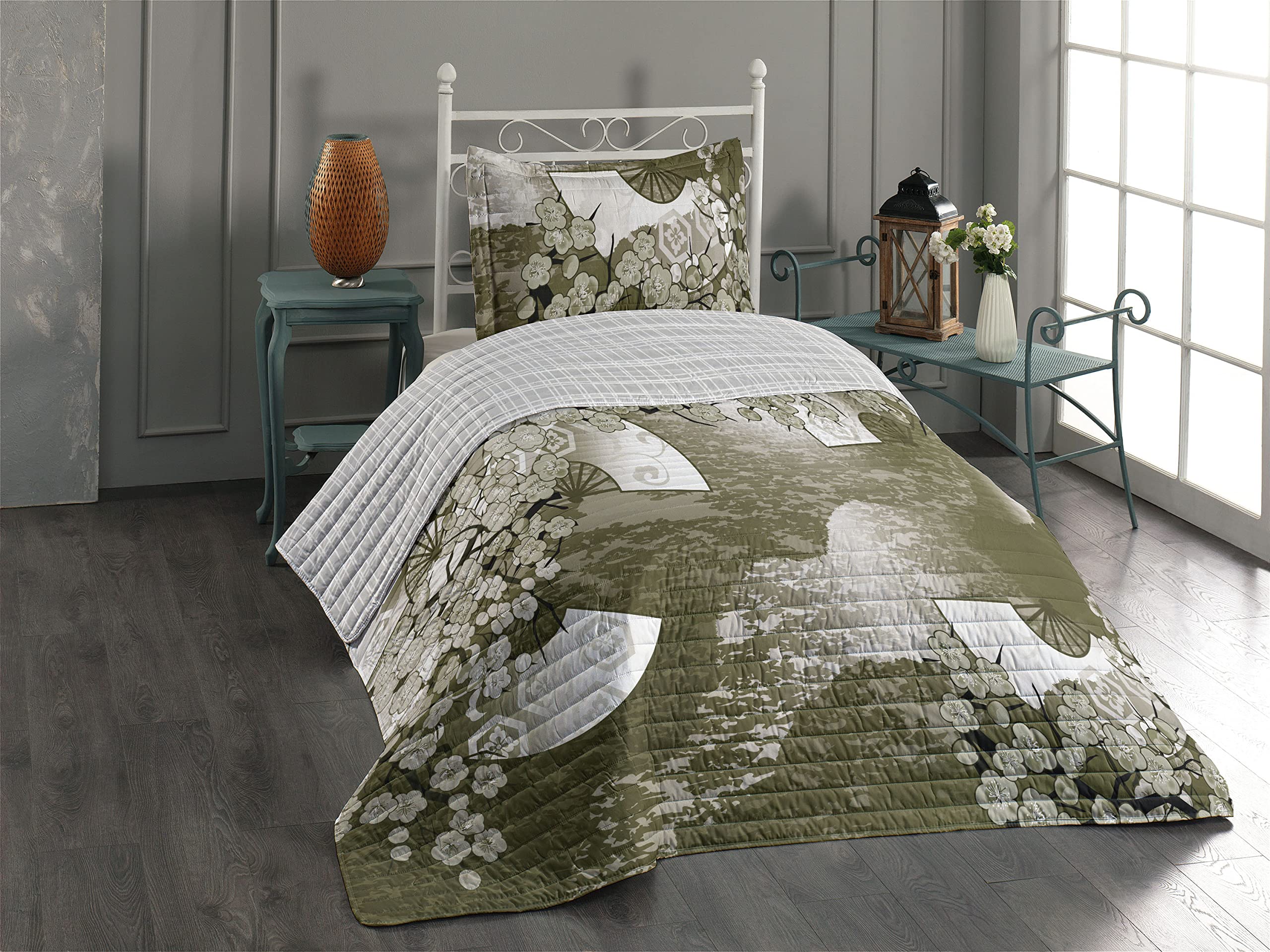 Ambesonne Reversible Bedspread Set with Pillow Shams - Japanese Cherry Blossom Sakura Tree Design, Twin Size Microfiber Comforter in Army Green | Spring Floral Bedding for Guest Room, Dorm Decor, Cozy Home Aesthetic
