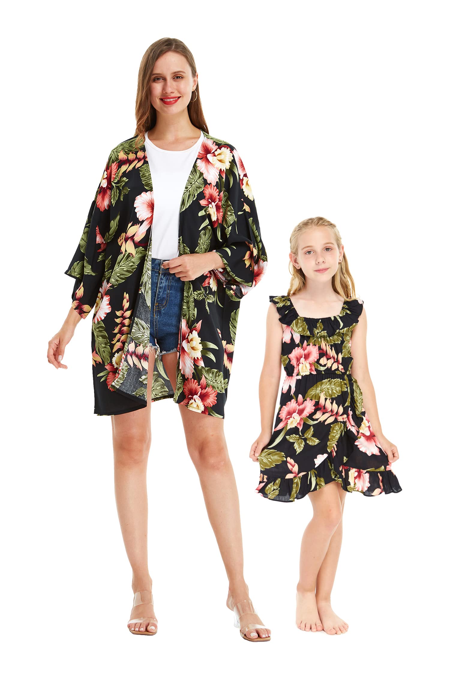 Hawaiian Luau Kimono Dress for Women & Girls - Black Rafelsia Floral Wrap Dress for Mother Daughter Matching Outfits | Beach Party, Summer Vacation, Family Photos