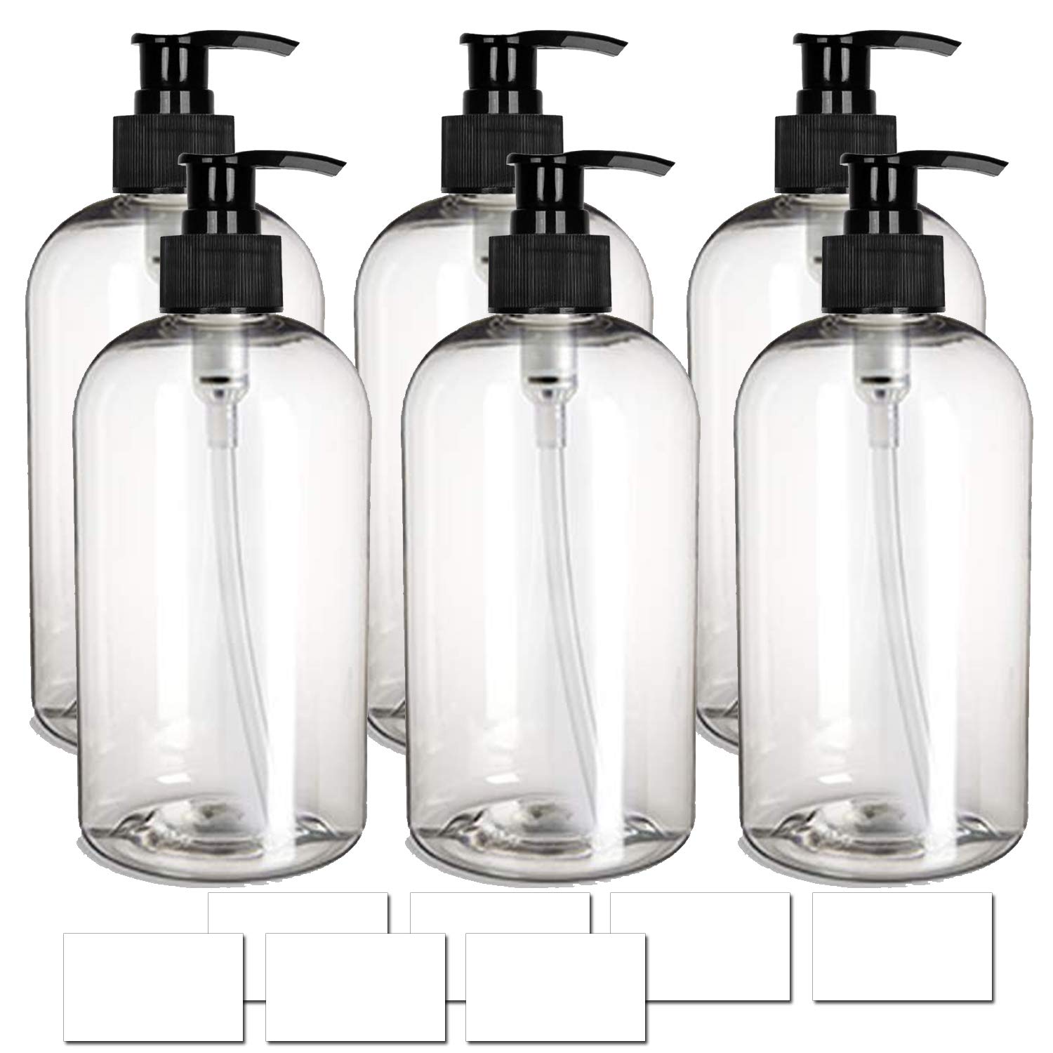 16oz Waterproof Empty Plastic PET Bottles with White Pump Dispenser - Set of 6 Clear Containers for Shampoo, Conditioner & Body Wash | Perfect for Travel, Gym & Home Refillable Storage