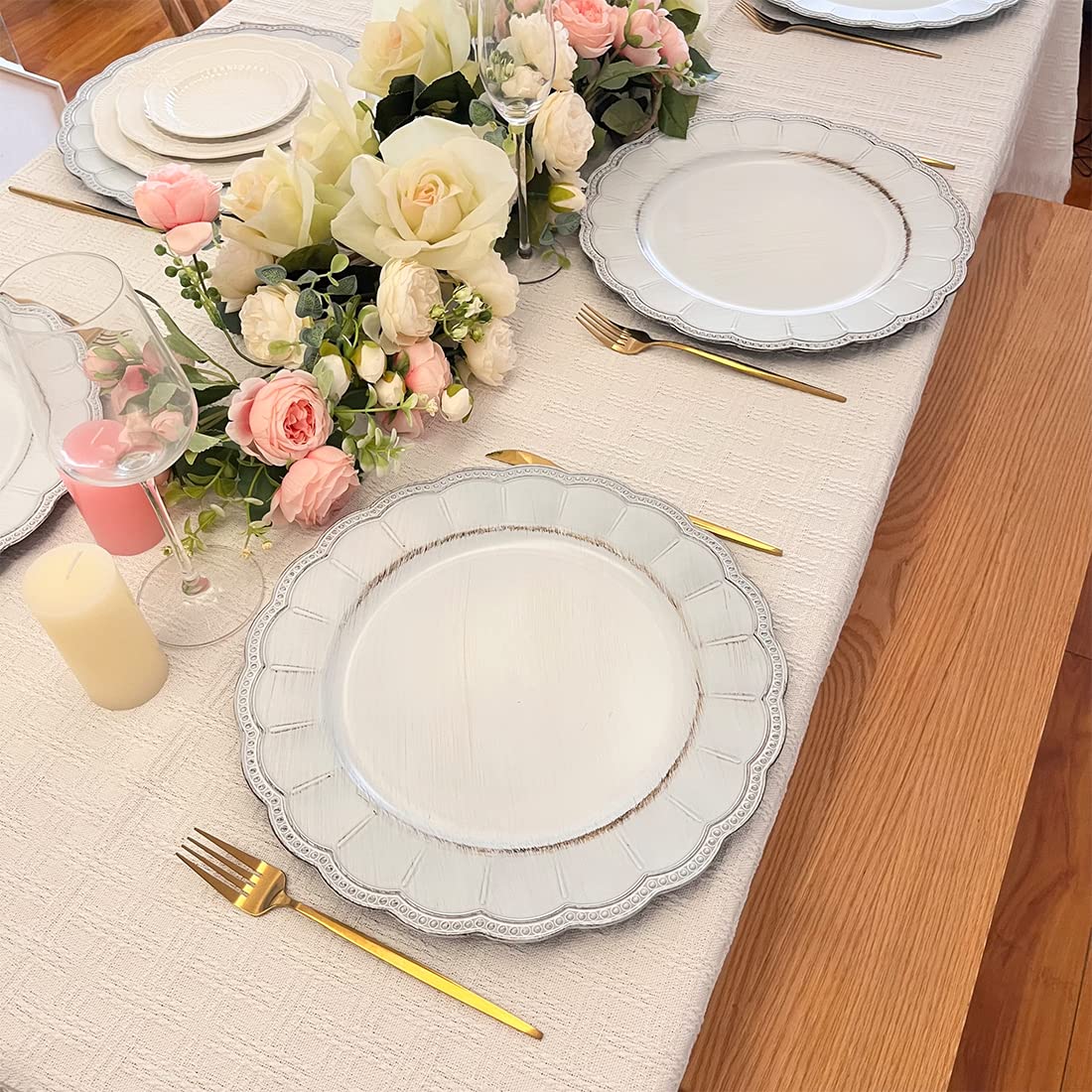 Antique White Charger Plates - 13 Inch Metallic Plastic Dinner Chargers with Beaded Rim for Dining, Weddings & Parties (6-Pack) - Elegant Table Decor for Holiday Gatherings, Bridal Showers & Formal Events