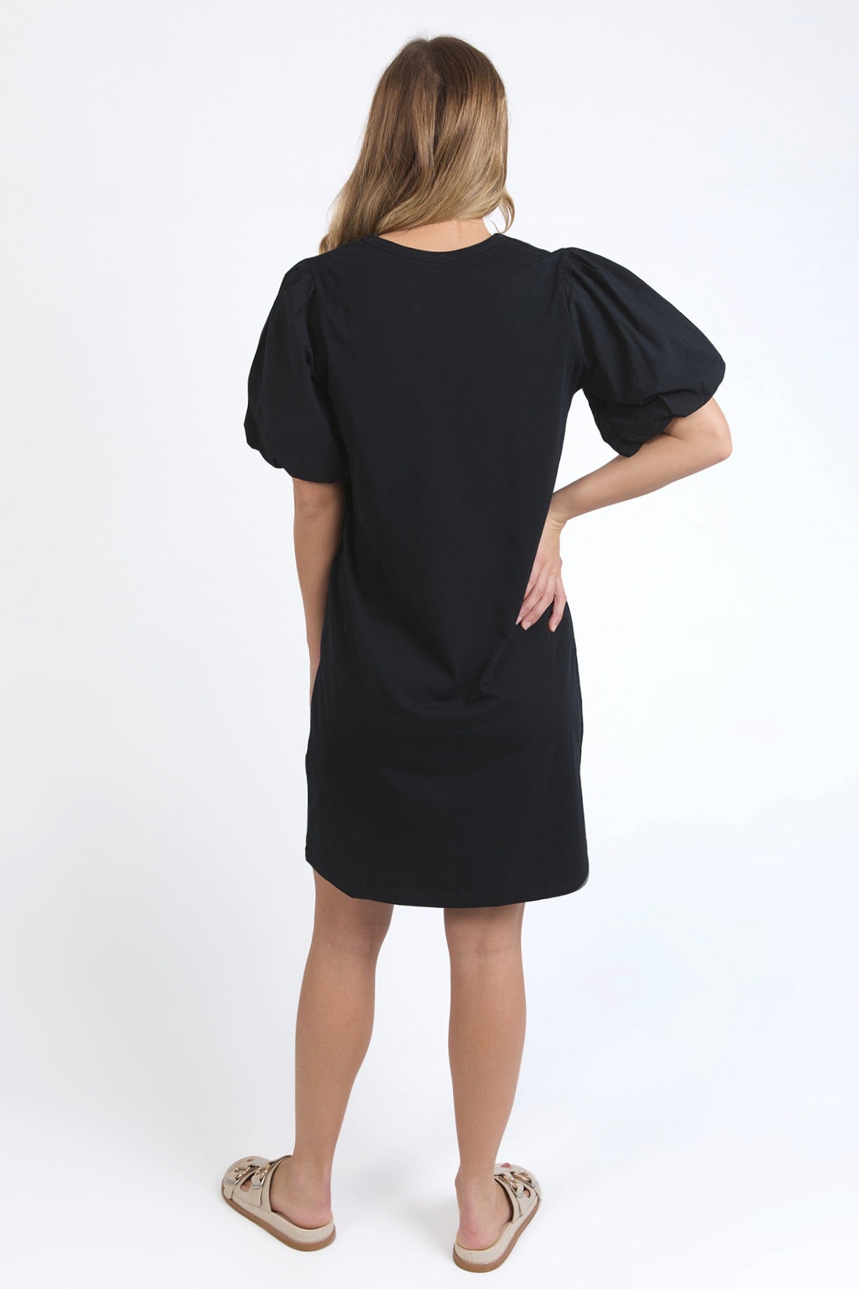 Joy Black Poplin Puff Sleeve Midi Dress - Elegant Summer Dress for Women, Casual & Party Wear, Perfect for Weddings, Dates & Office