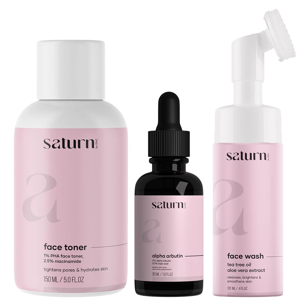 GHC Saturn Complete Skincare Combo - Alpha Arbutin Brightening Serum (30ml), 2% Salicylic Acid Toner (150ml) & Foaming Face Wash (120ml) - Anti-Acne, Dark Spot Treatment for Clear, Glowing Skin - Perfect for Daily Skincare Routine & Travel Essentials
