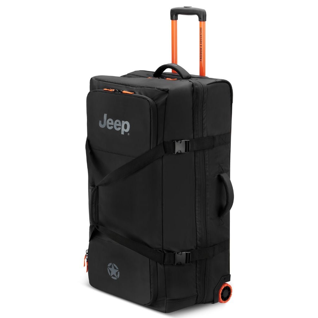 Jeep 82cm 2-Wheel All-Terrain Rolling Duffle Bag - Heavy Duty Travel Duffel with Spinner Wheels for Camping, Gym, Sports & Airplane Luggage - Black
