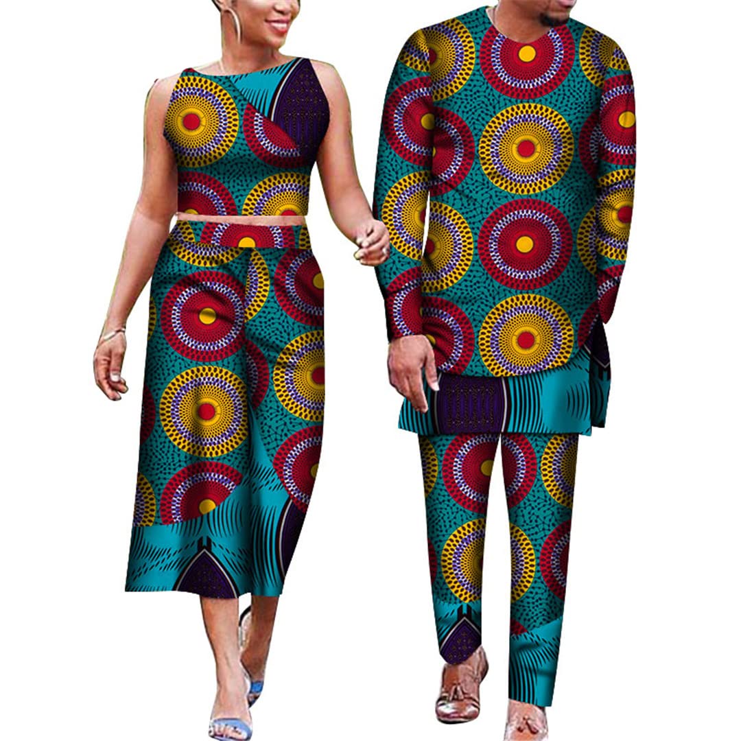 African Print Couple Outfits - Floral Crop Top & Skirt Set with Dashiki Men's Suit - Plus Size 4M - Perfect for Valentine's Day, Wedding & Cultural Events