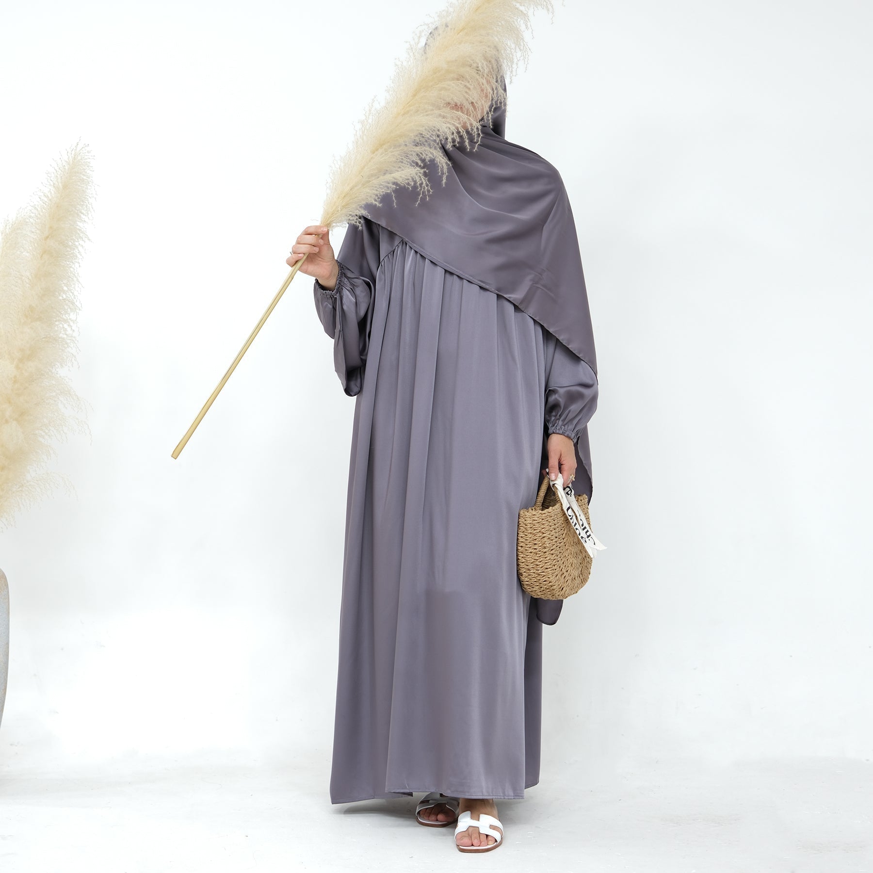Amelia Satin Abaya Set for Women - Elegant Silver Prayer Dress with Scarf - Perfect for Eid, Ramadan & Special Occasions