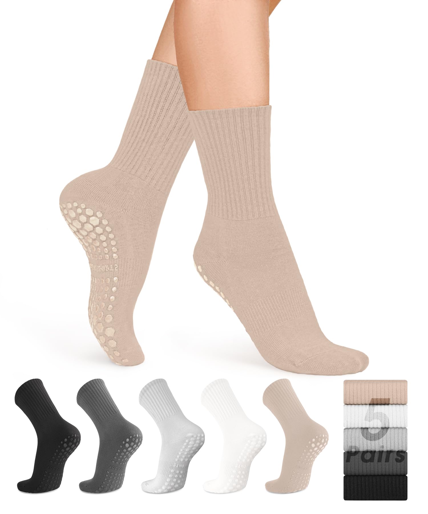 5 Pairs Non-Slip Pilates Grip Socks for Women - Anti-Skid Yoga Socks with Toe Grips for Ballet, Dance, Workout & Hospital Use - Perfect for Fitness, Barre Class and Nursing Professionals