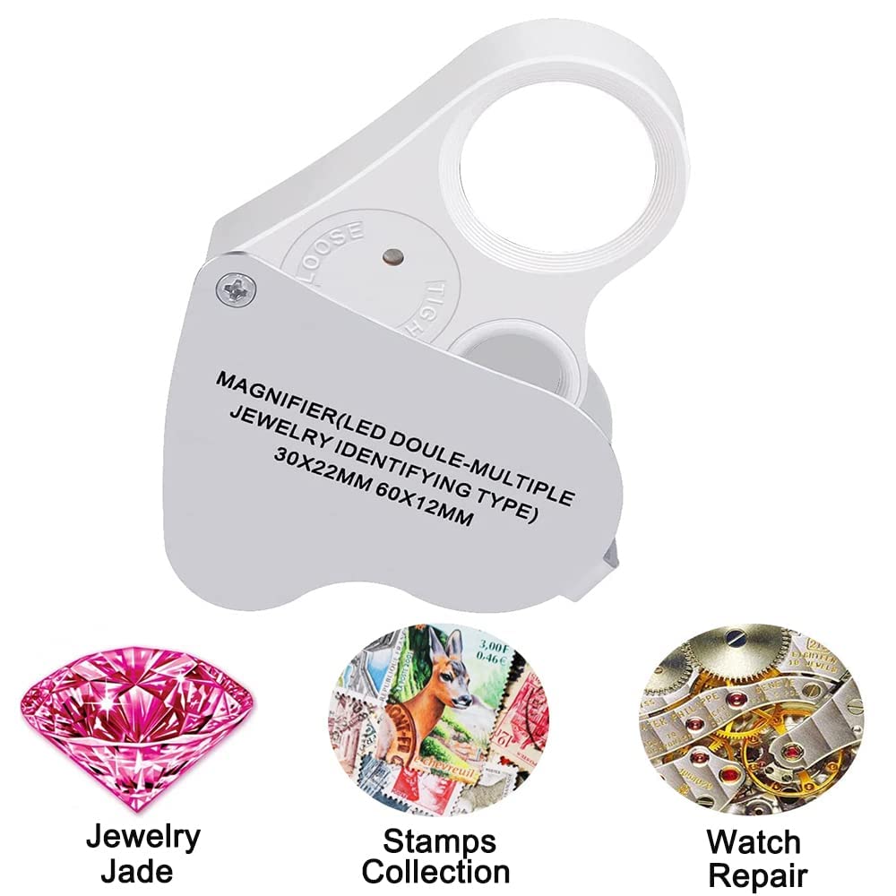 DREAME 30X 60X LED Illuminated Jewelry Loupe Magnifier - Foldable Jewelers Magnifying Glass for Gems, Coins, Stamps & Watches | Perfect for Gemstone Appraisal, Coin Collecting & Jewelry Inspection