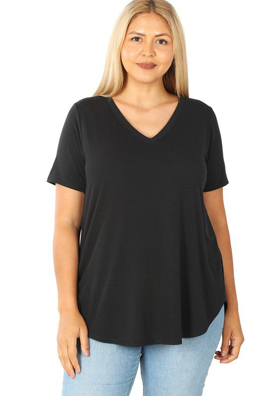 Plus Size Short Sleeve V Neck Scoop Front & Back T-Shirt - Comfortable Casual Wear for Women, Perfect for Everyday Outfits and Summer Fashion