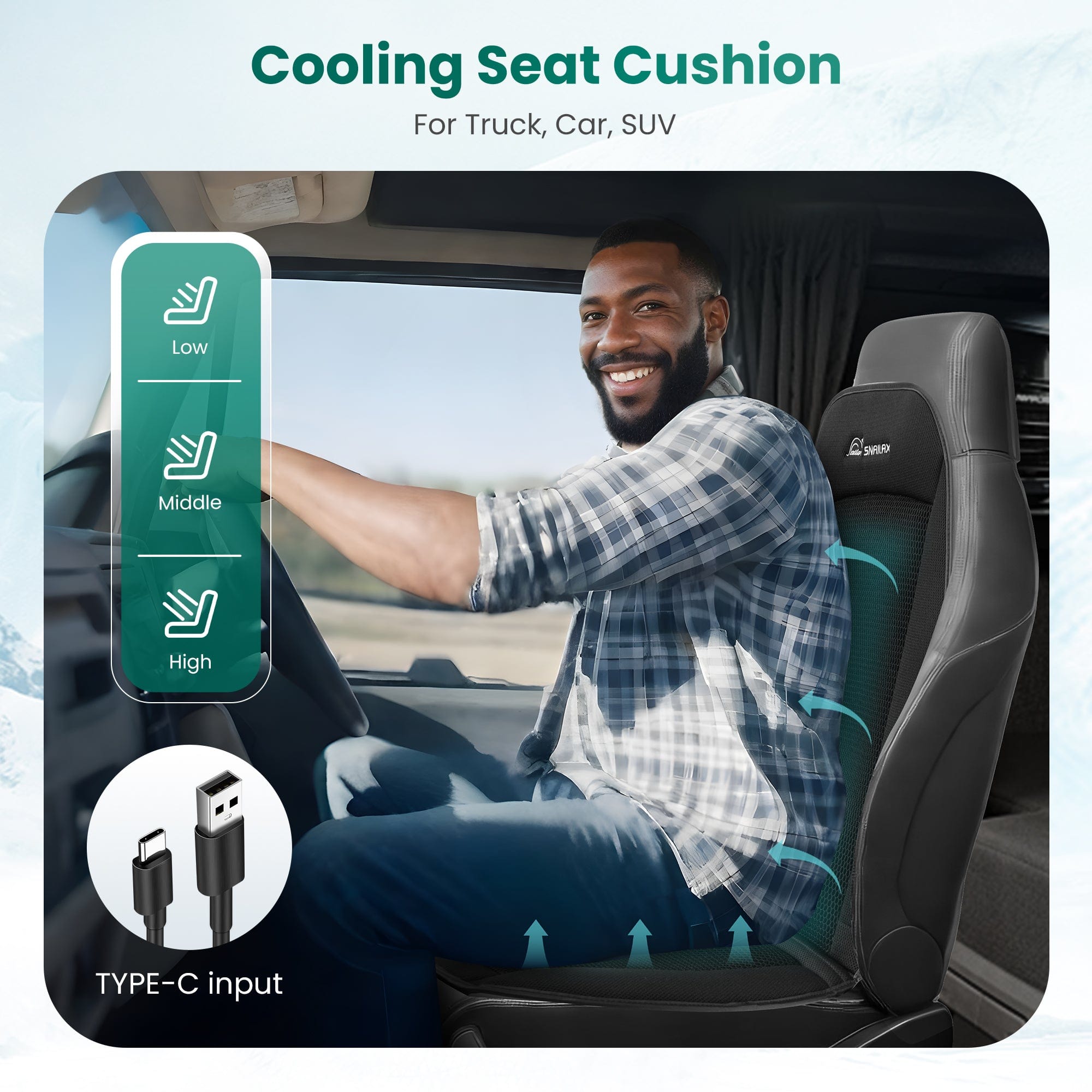 Snailax Cooling Car Seat Cover with 3 Adjustable Air Speeds - Universal Fit for Most Cars, SUVs & Trucks - USB Charging - Stay Cool on Long Drives & Road Trips