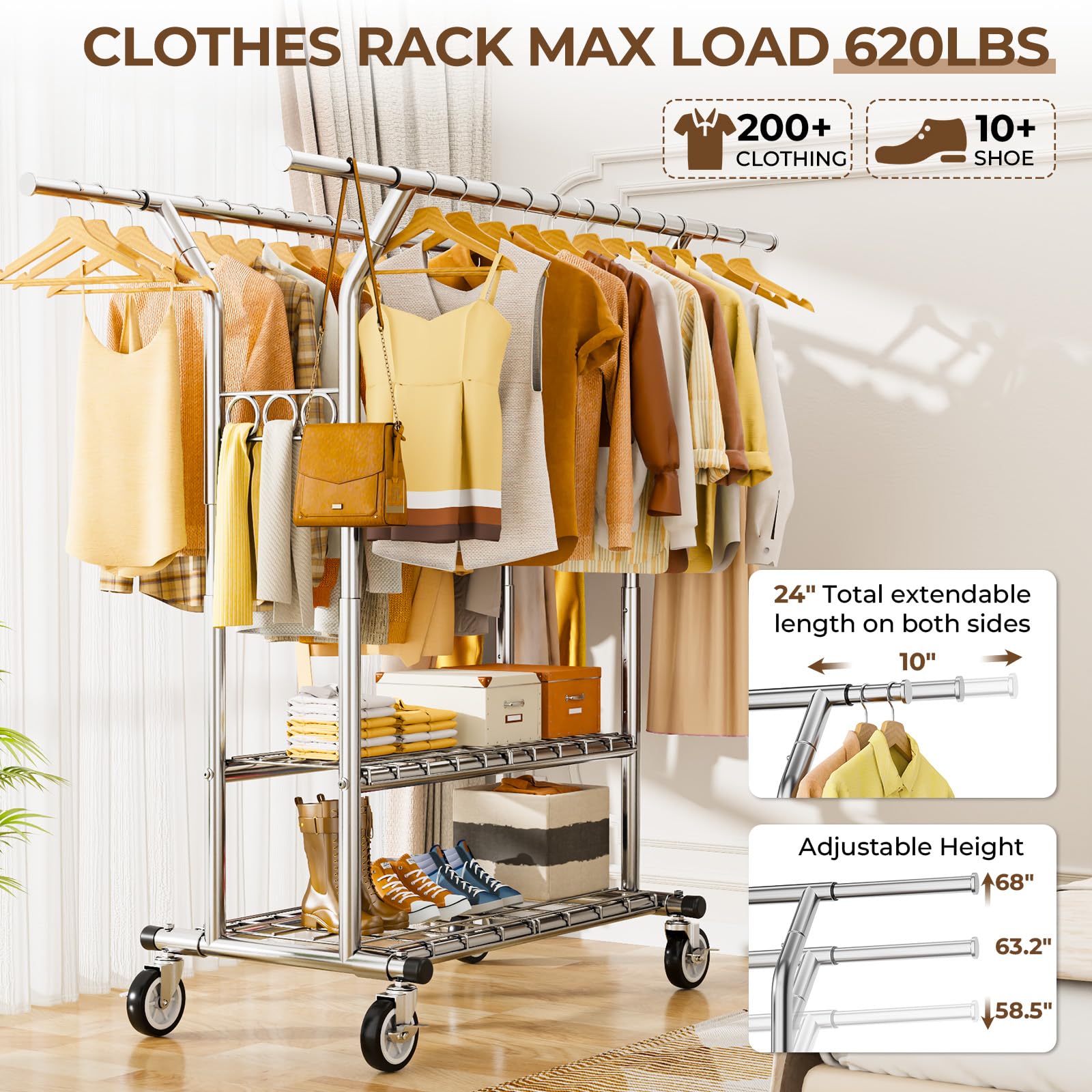 Heavy Duty Rolling Garment Rack with Shelves - 620 lbs Capacity, Adjustable Double Rod Clothes Hanger for Hanging Clothes, Portable Wheeled Clothing Rack for Home, Office, and Retail Store Use