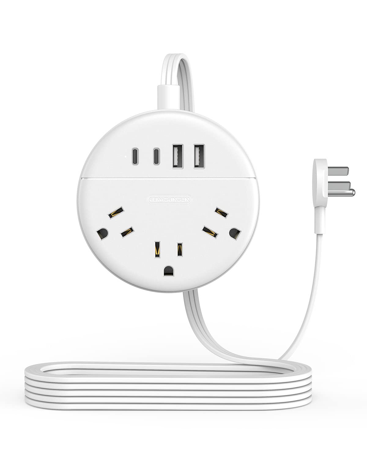NTONPOWER 10ft Flat Extension Cord with 3 Outlets & 4 USB Ports (2 USB-C) - Ultra Thin Power Strip for Under Carpet, Wall Mountable - Perfect for Home Office, Dorm Room, Bedside & Behind Furniture